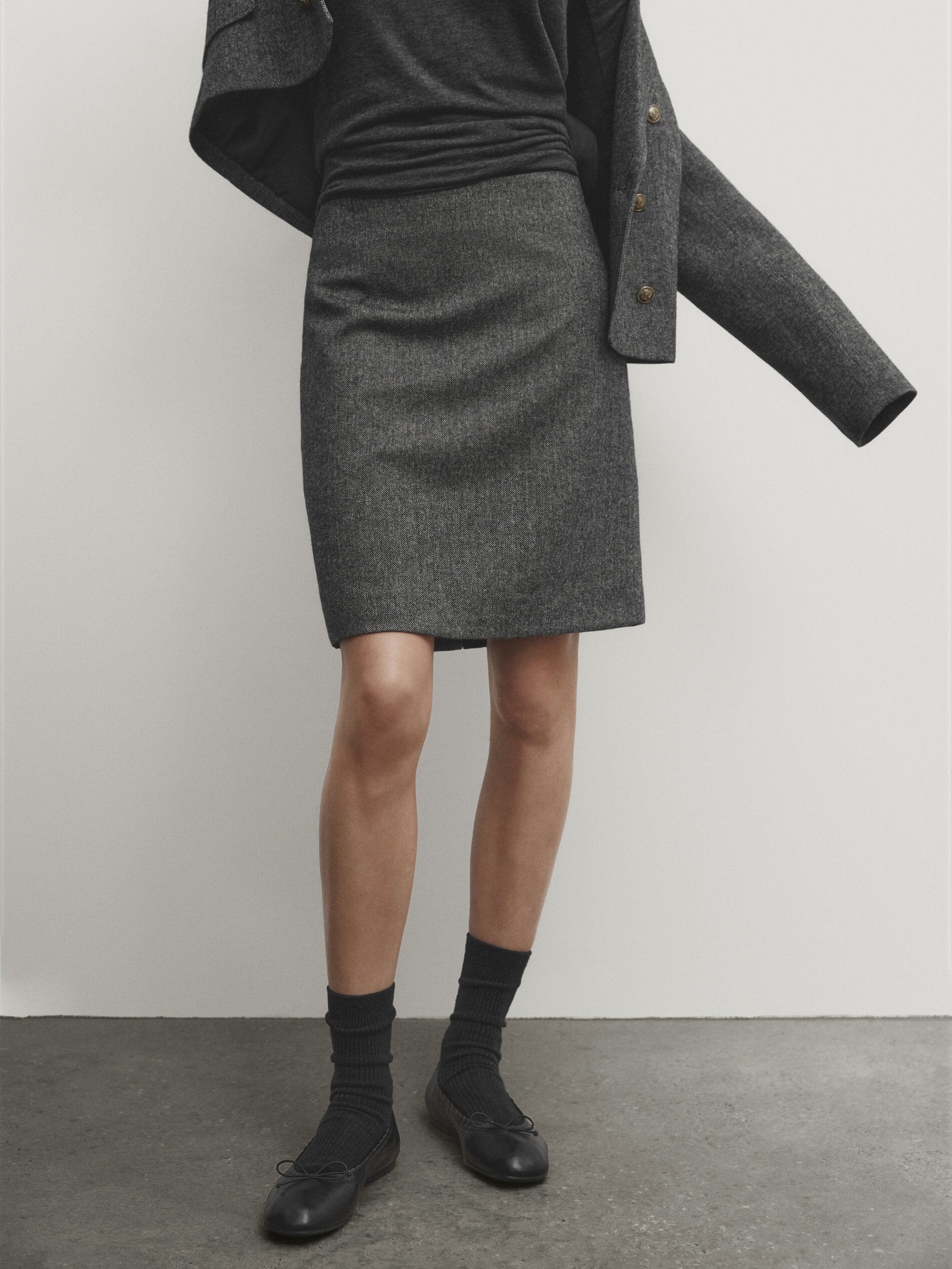 Wool blend herringbone short skirt Grey Smart Skirts