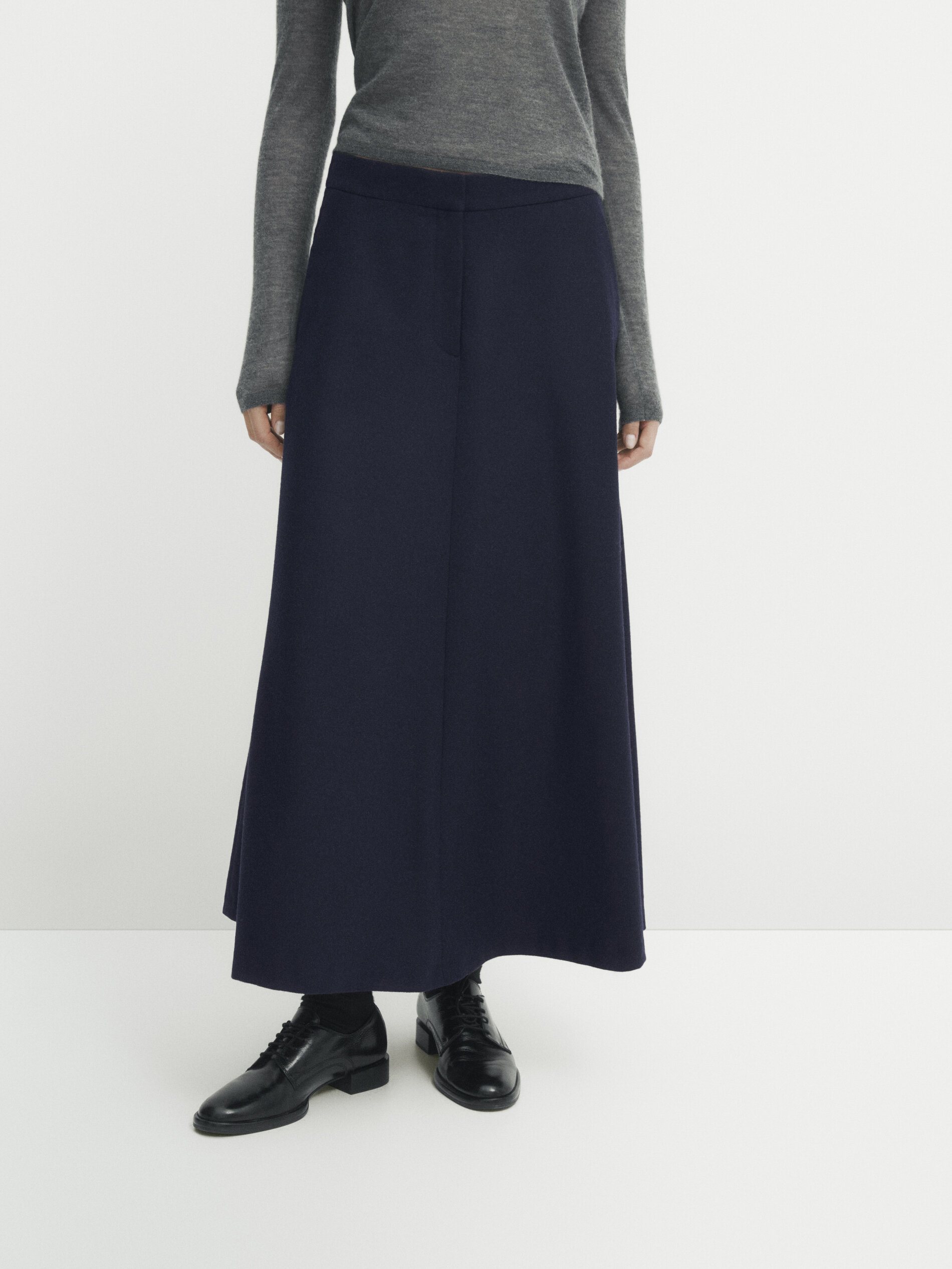Navy blue wool blend flared midi skirt