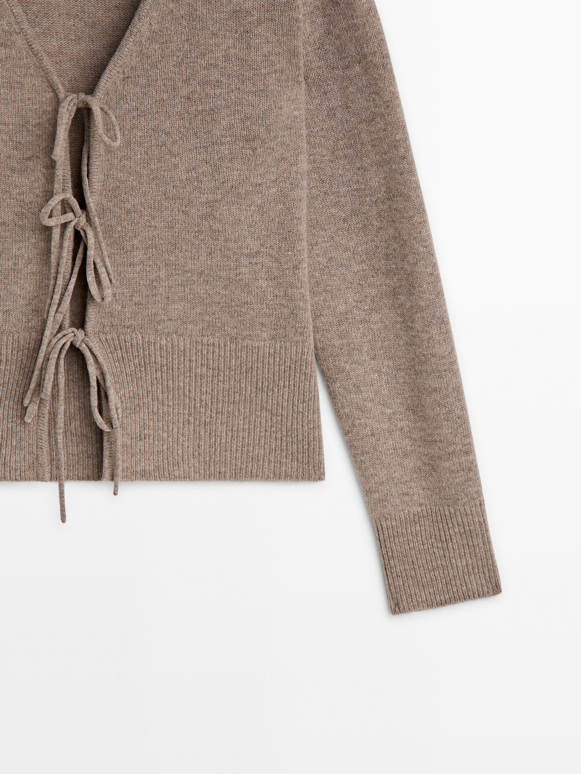 Wool blend knit cardigan with bow detail