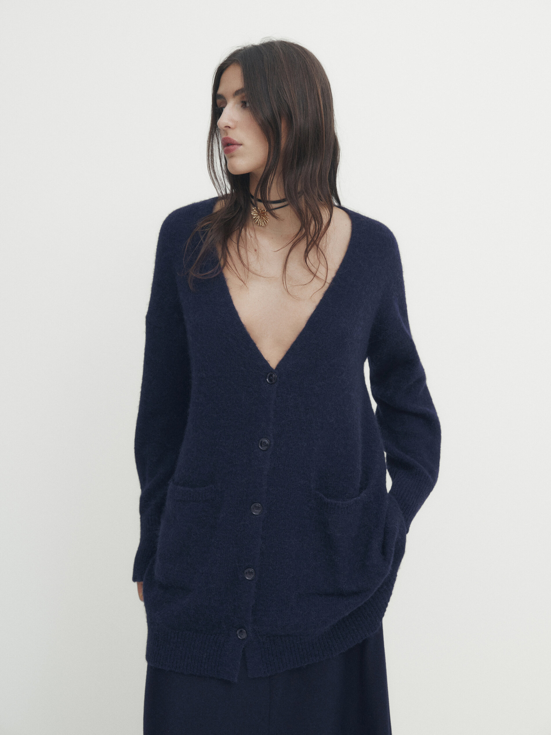 Long buttoned knit cardigan Dark Blue Sweaters And Cardigans