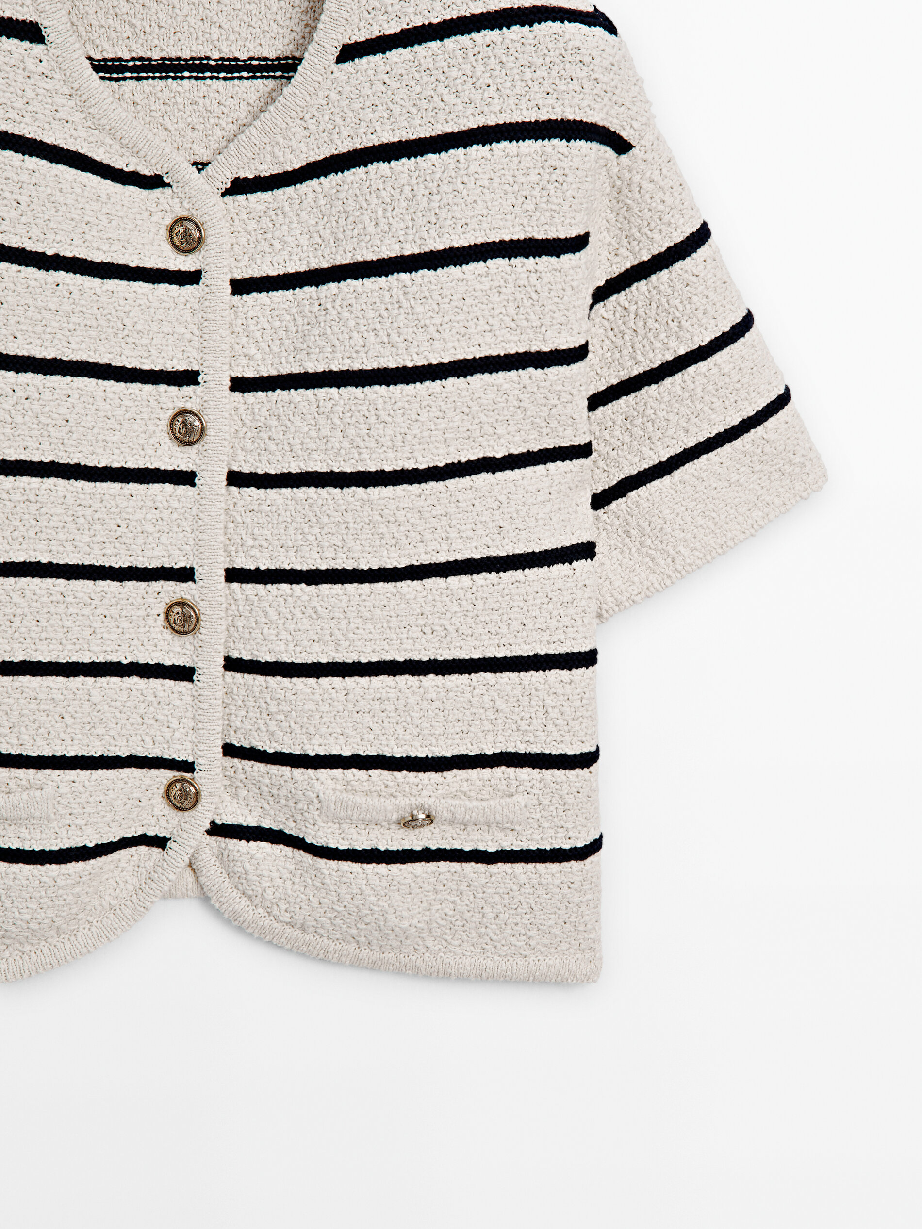 Striped short sleeve textured knit cardigan