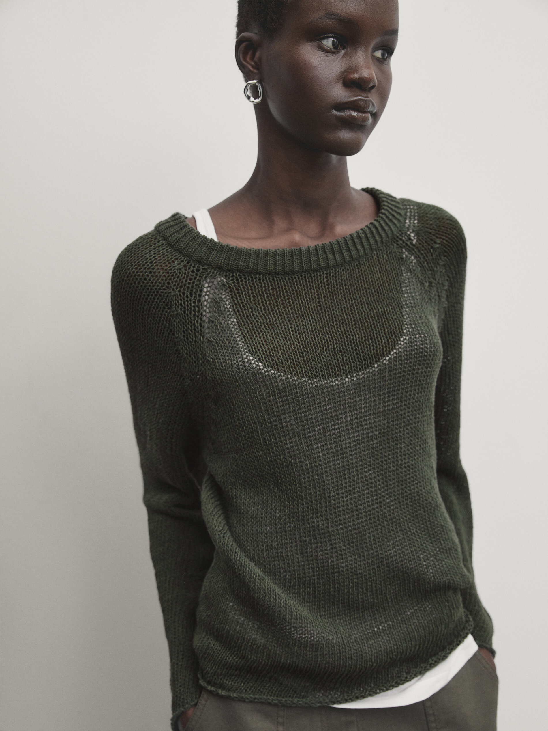 Cotton blend knit sweater with crew neck