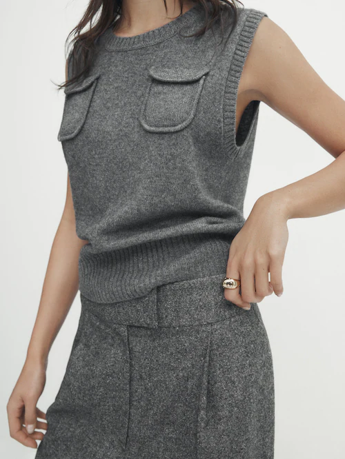 · And Cardigans knit Dutti Medium Sweaters vest · with Grey | Wool blend pockets Massimo