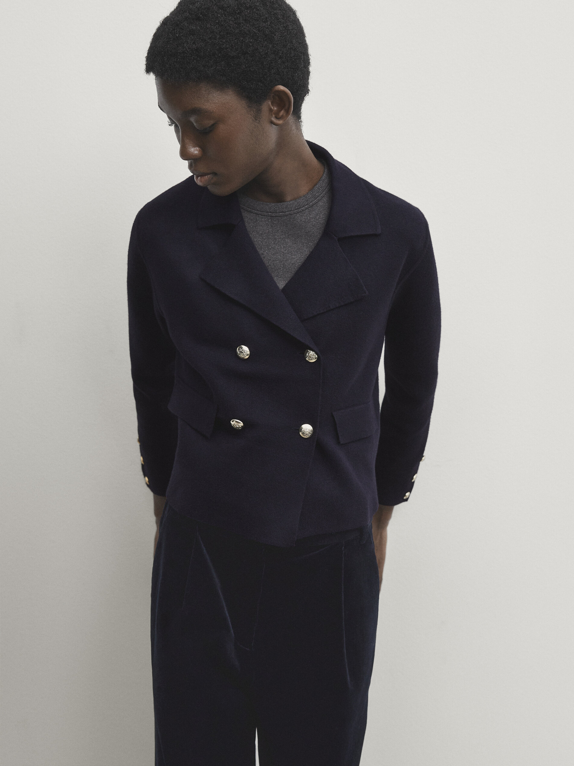 Double breasted knit blazer sale
