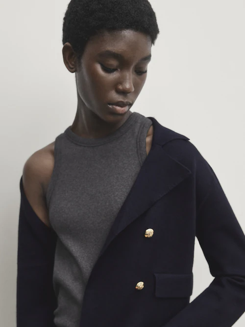 Double-breasted knit blazer with golden buttons · Navy Blue · Sweaters And  Cardigans