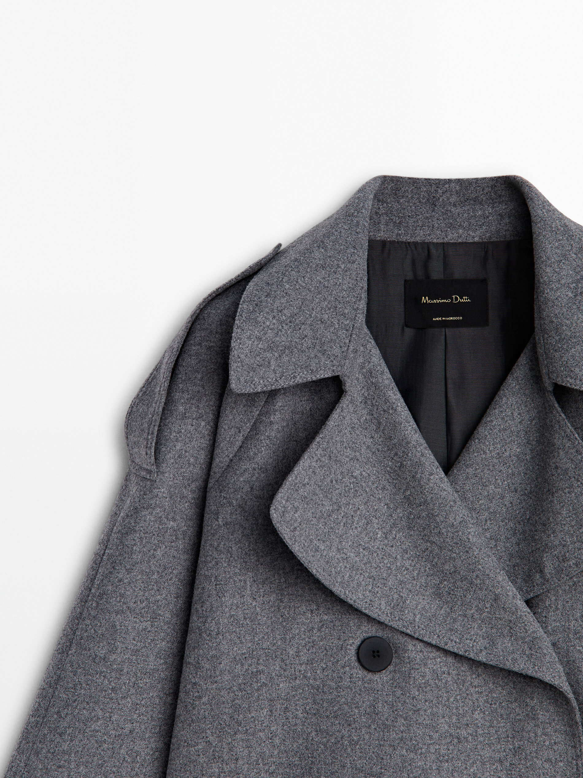 Cropped wool blend flannel trench coat Grey Dressy Massimo Dutti