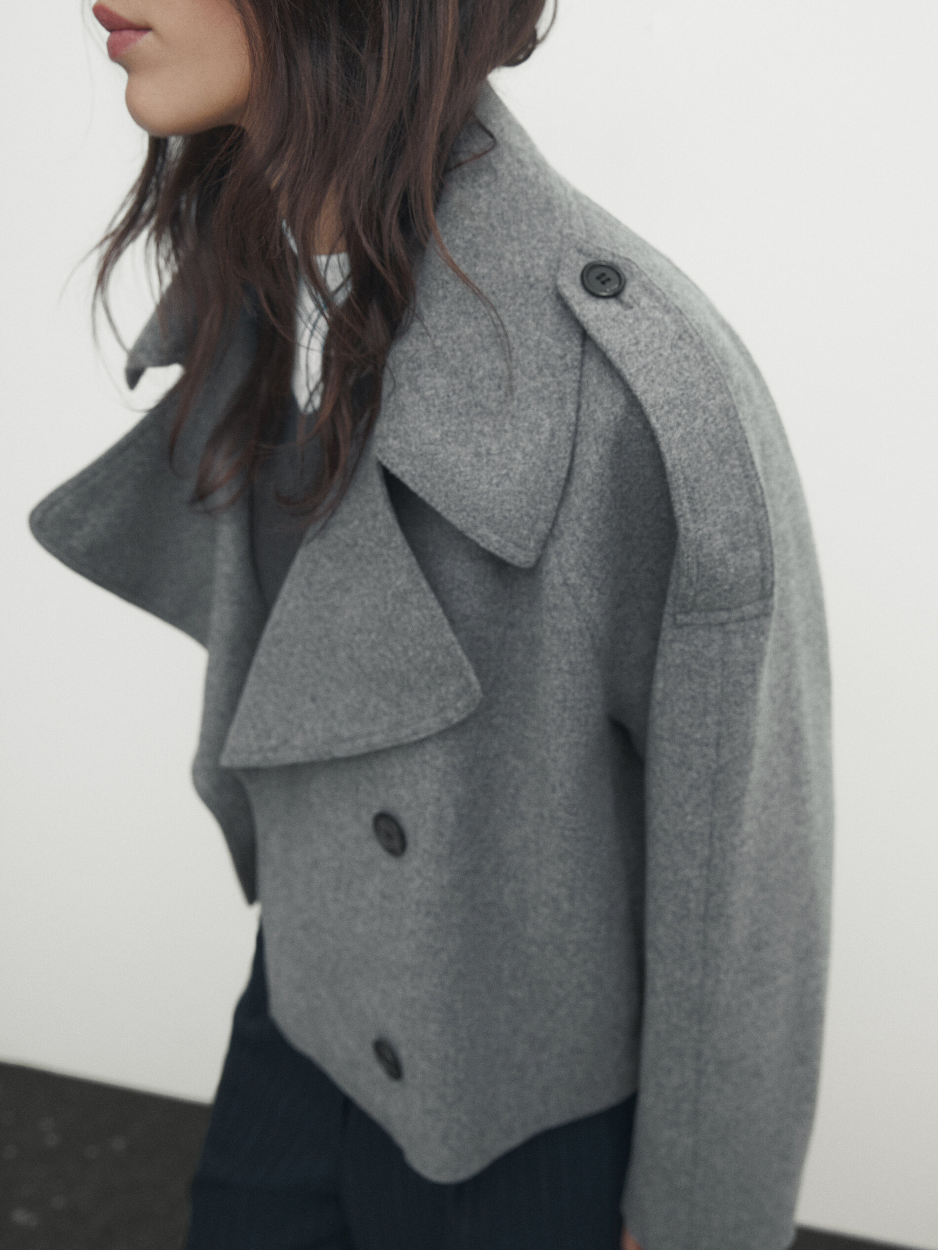 Cropped wool blend flannel trench coat