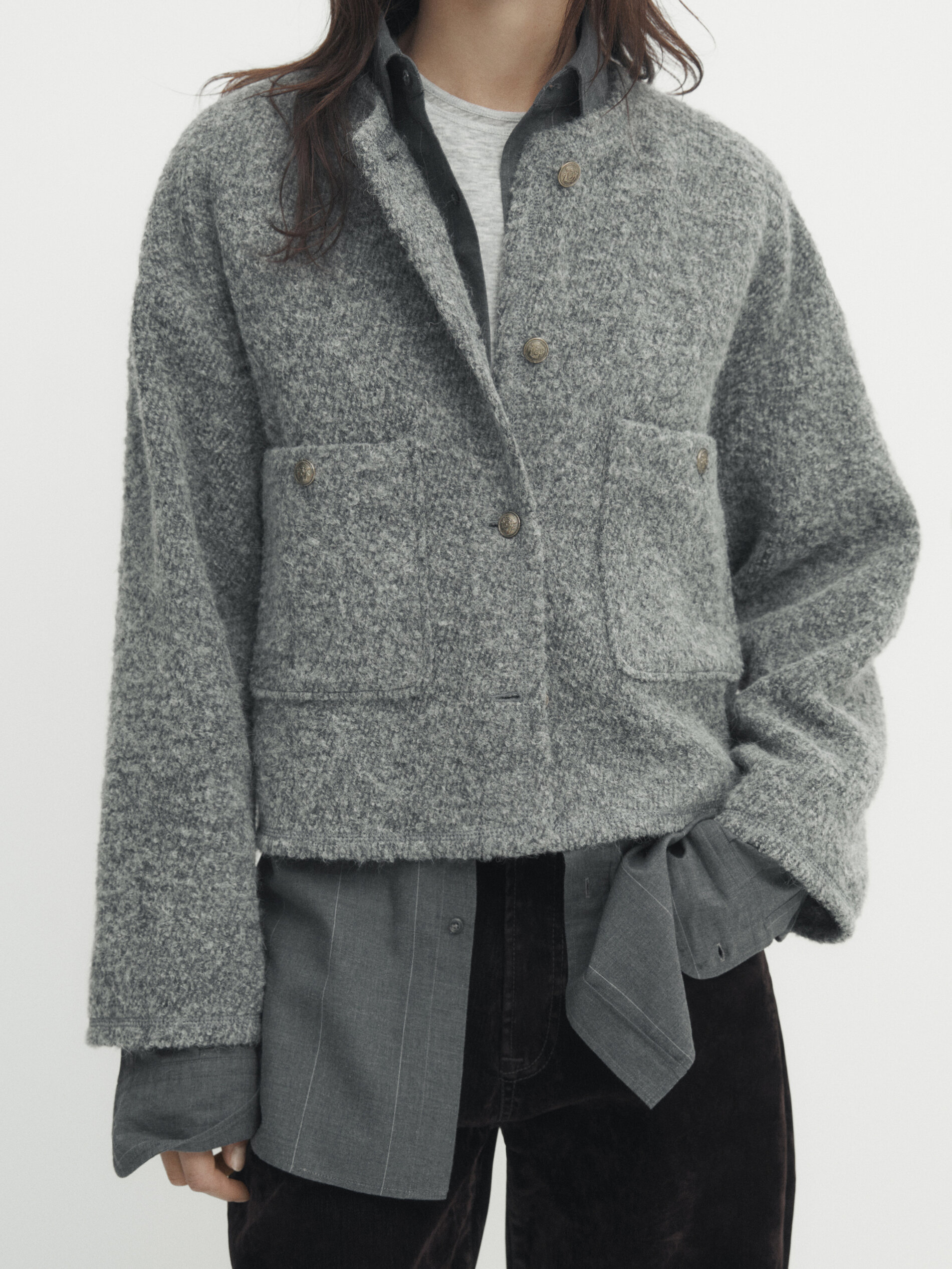 Veste courte textur e paules tombantes Gris Noir Cru