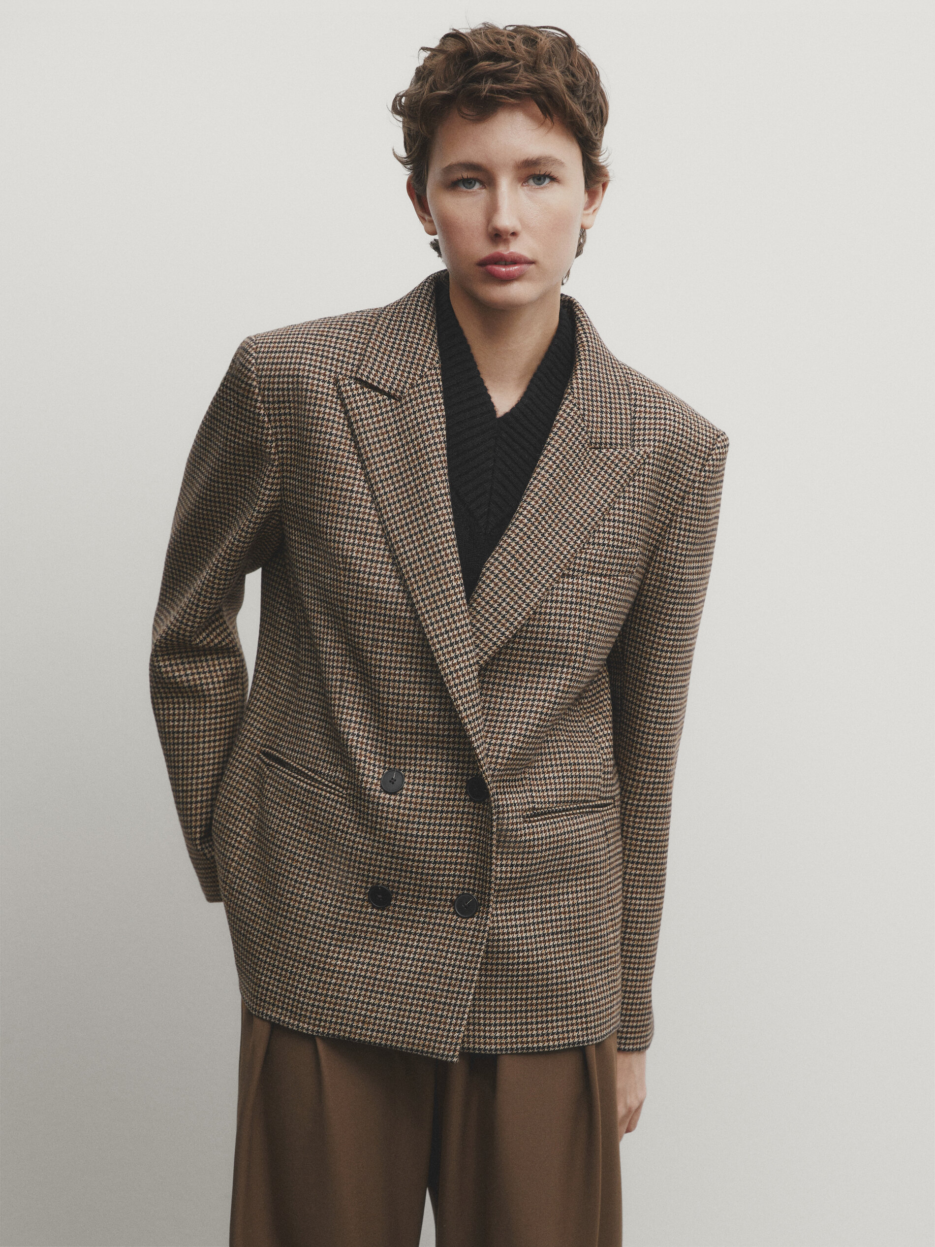 Houndstooth double breasted blazer Brown Dressy Massimo Dutti