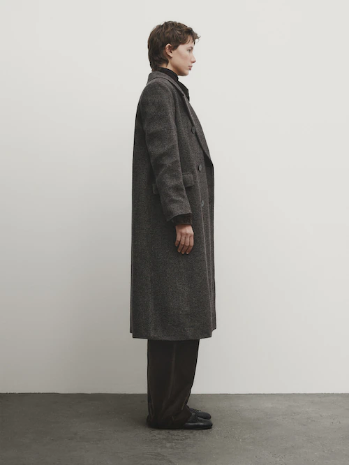 Long double-breasted wool blend herringbone coat · Black · Coats