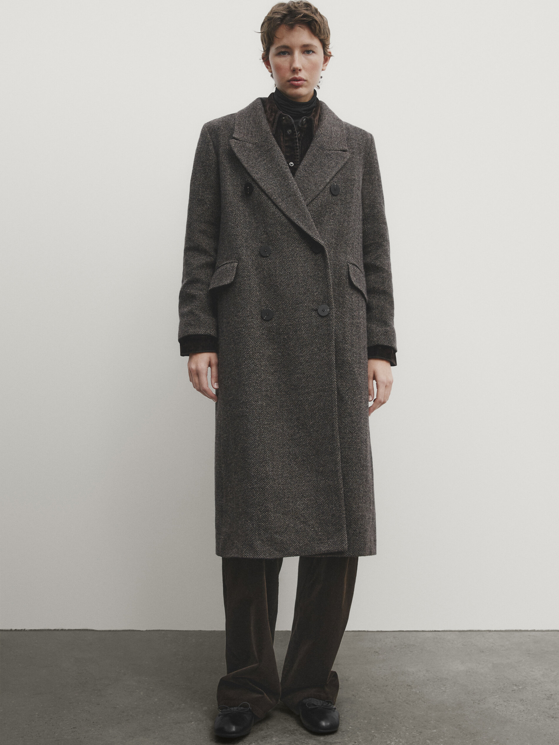 Long double breasted wool blend herringbone coat
