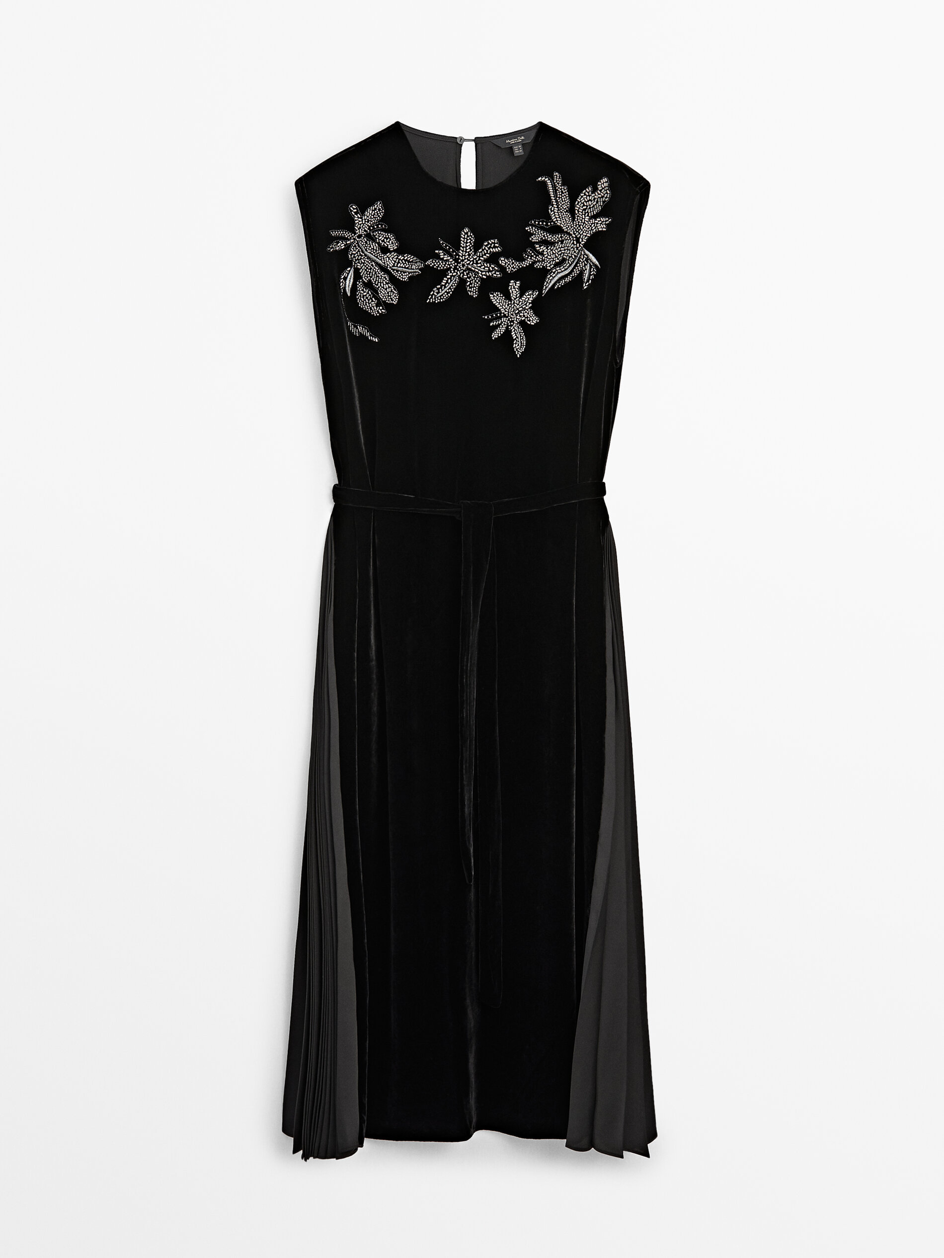 Embroidered velvet dress with pleated detail