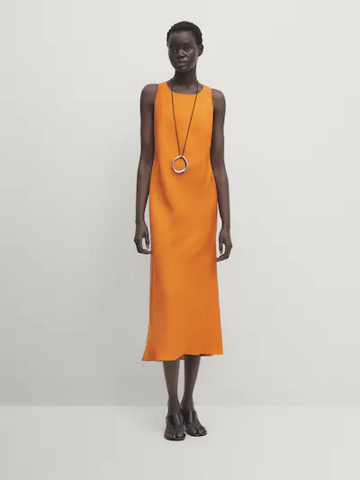 마시모두띠 Massimo Dutti Linen blend midi dress with twisted back detail