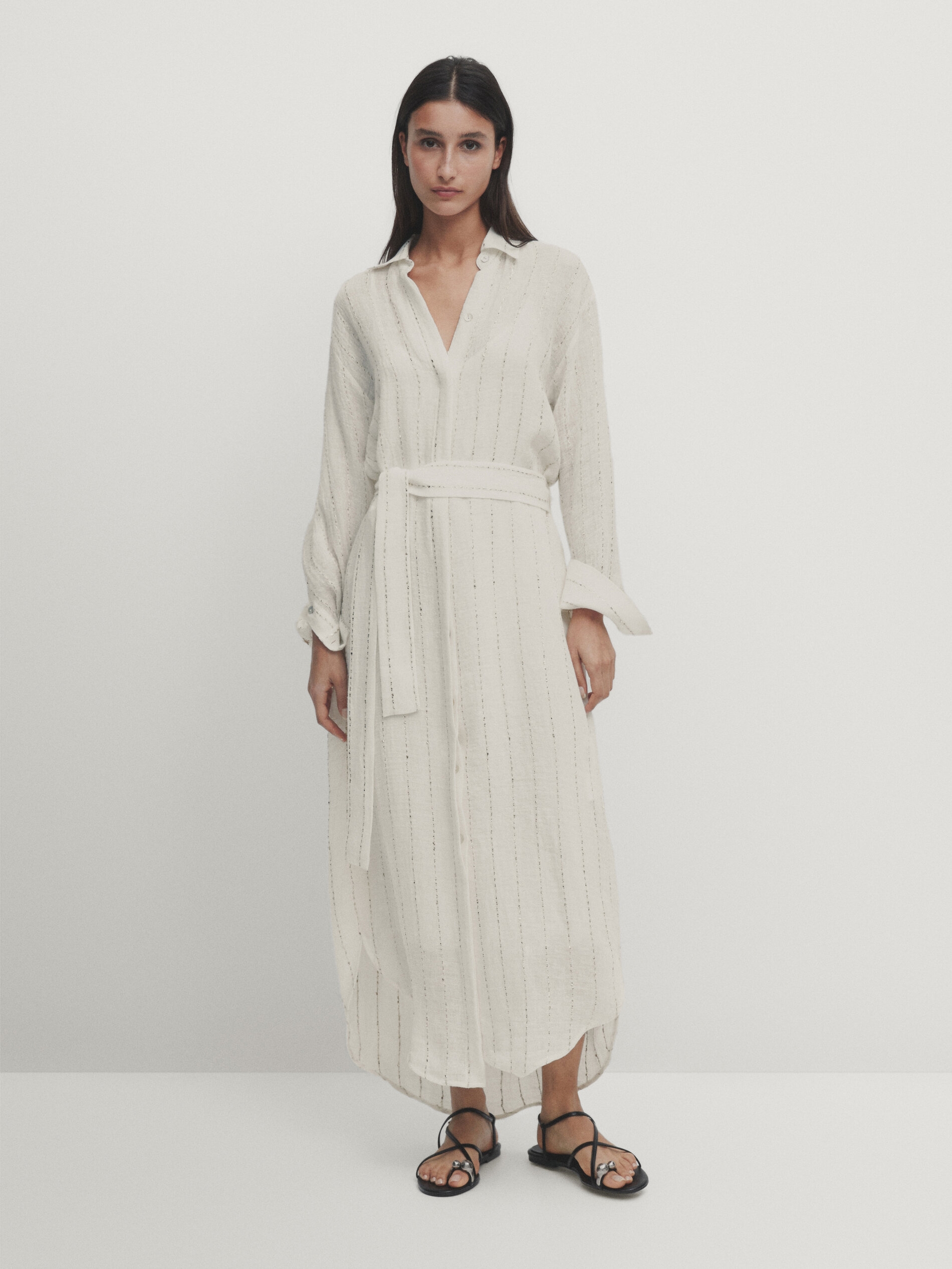 Pinstripe shirt dress with thread detail White Smart Dresses