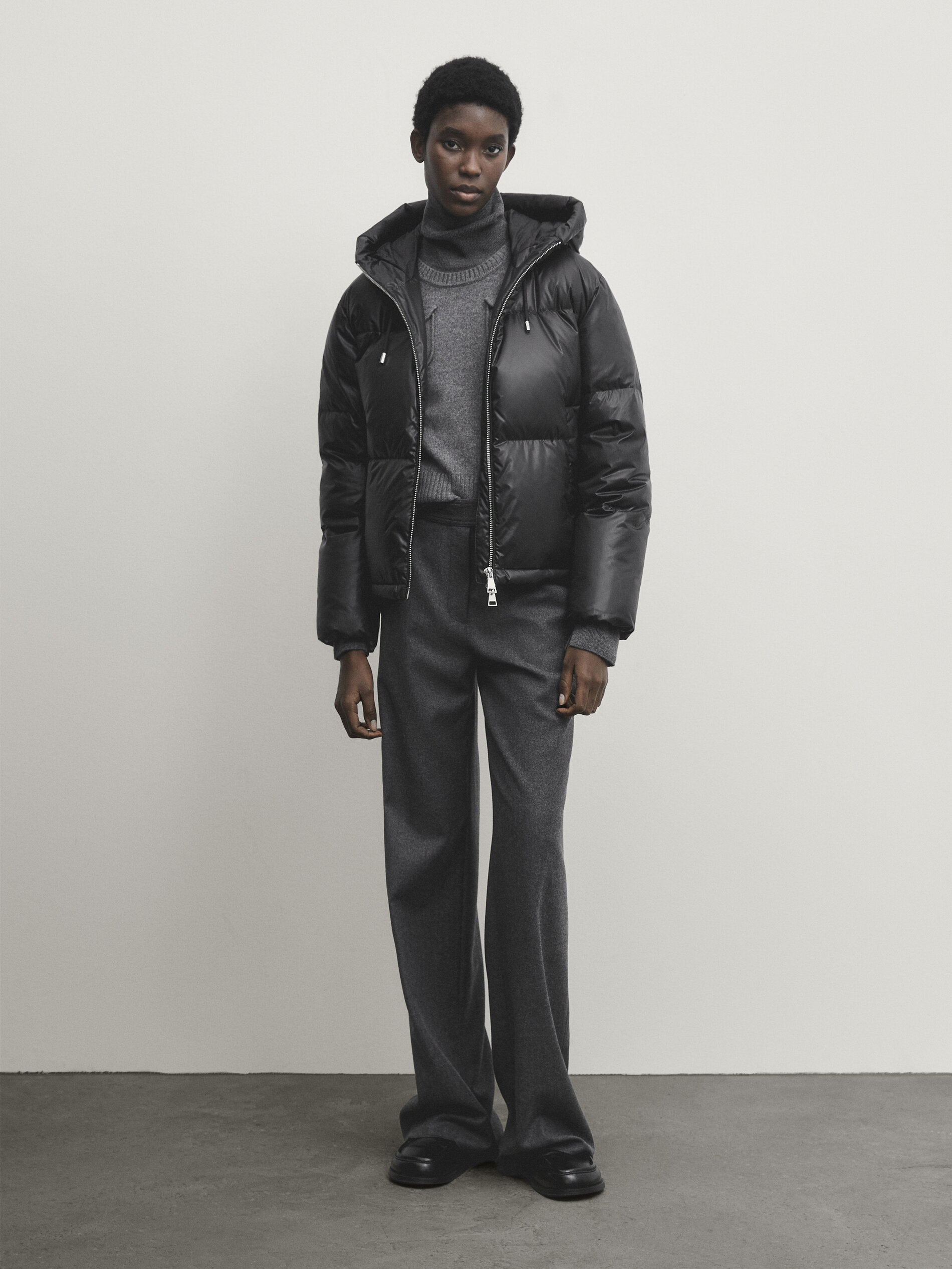 Leather effect puffer jacket with down and feather filling Black