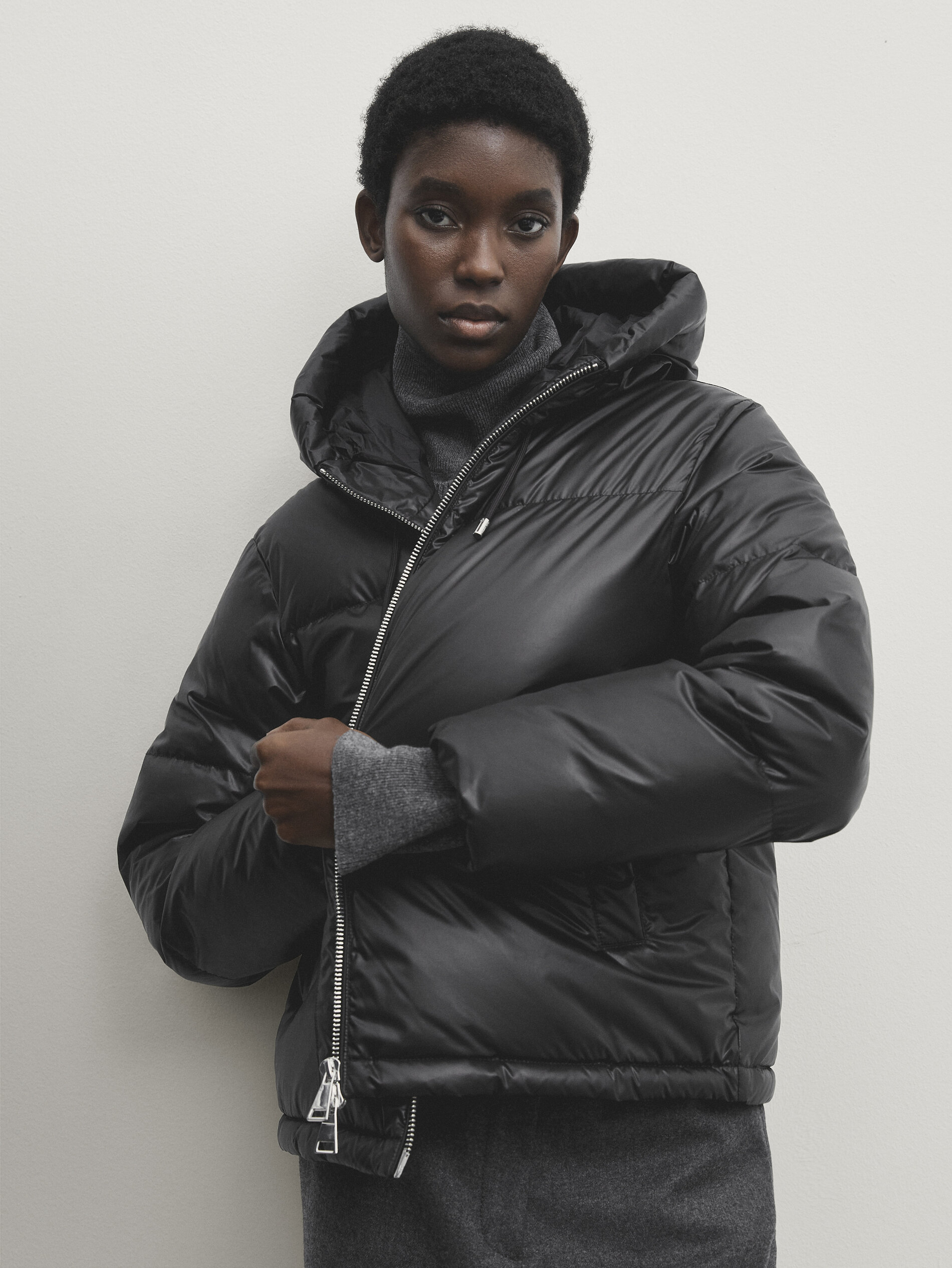Leather effect puffer jacket with down and feather filling Black
