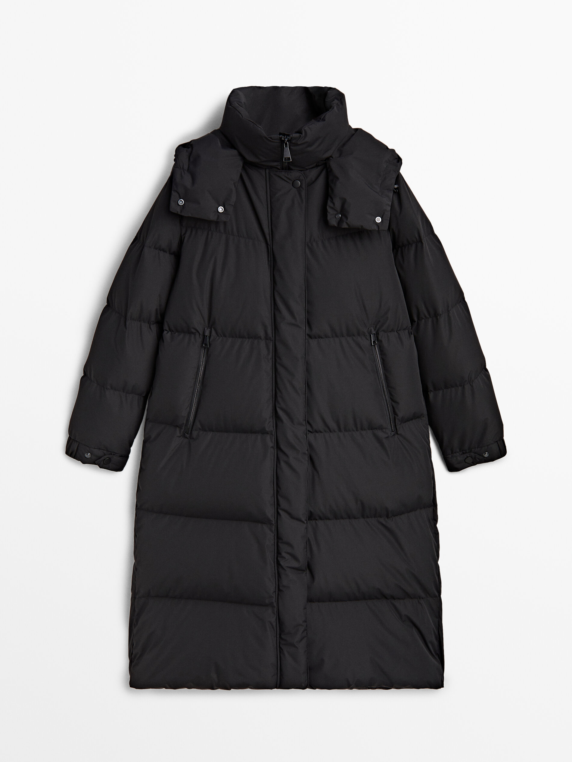 Hooded technical jacket with down and feathers filling