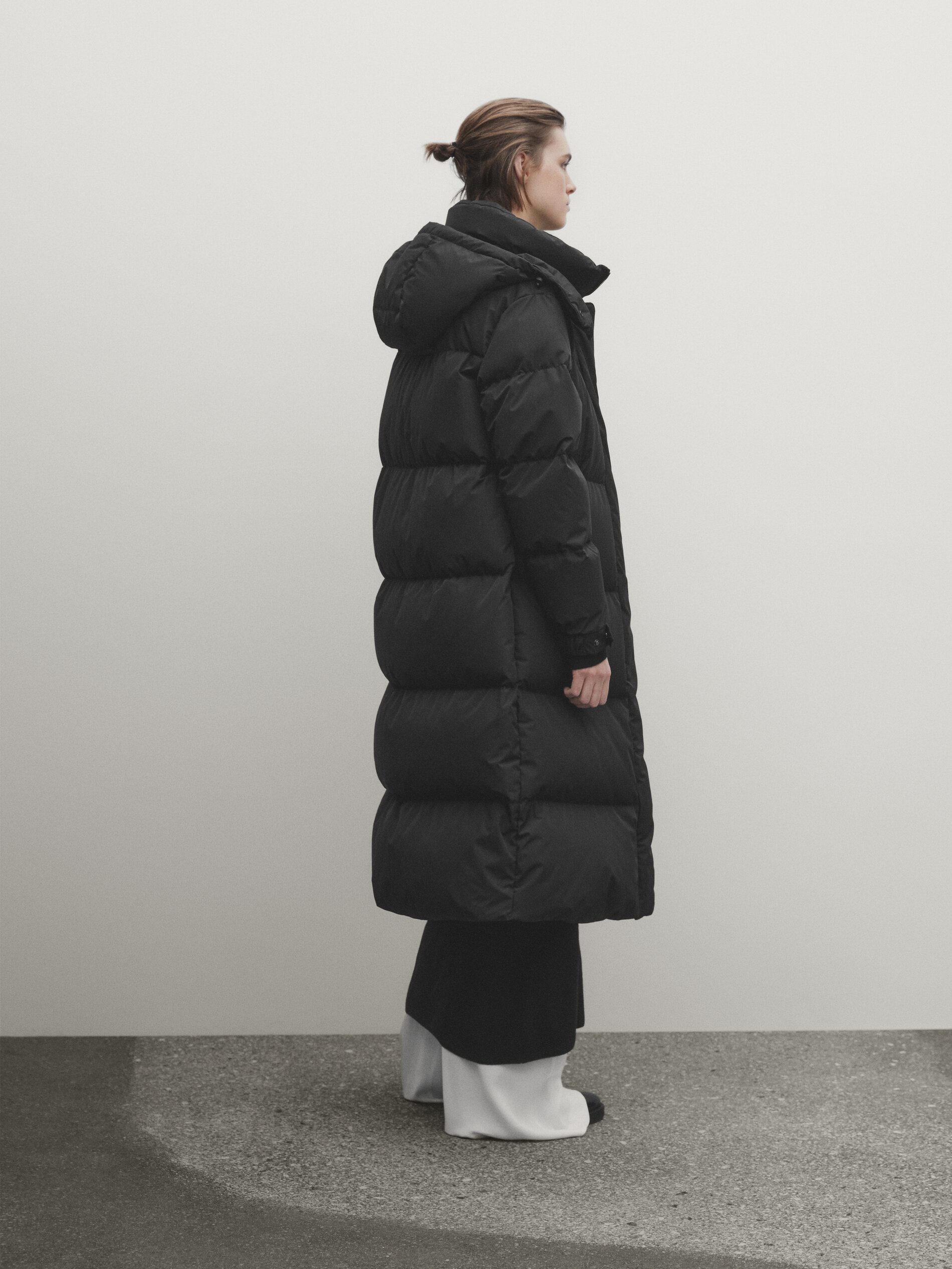 Hooded technical jacket with down and feathers filling