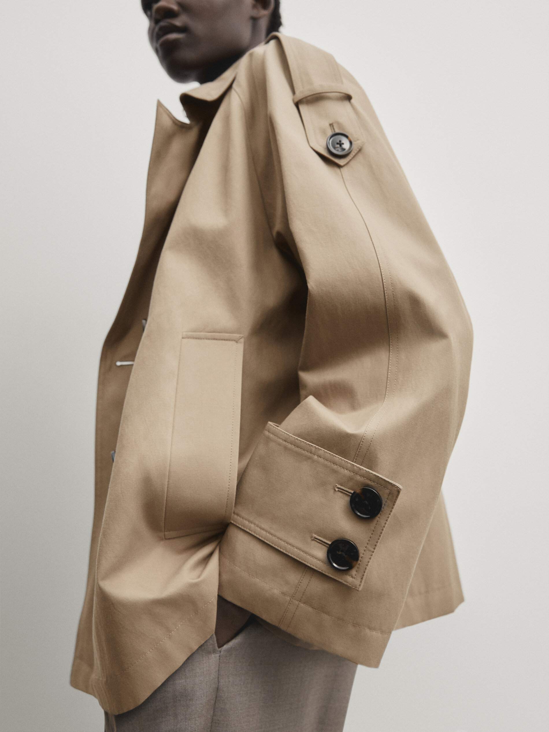 Cropped trench coat with cuff detail Camel Navy Blue Coats