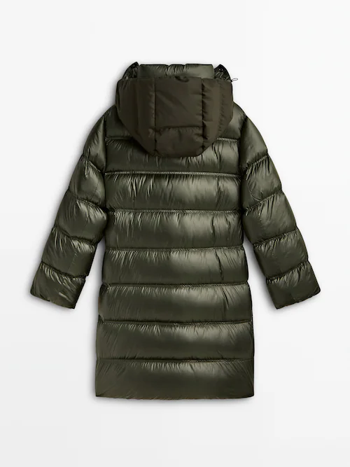 Long jacket with down and feathers filling and contrast hood · Green, Black  · Coats And Jackets | Massimo Dutti