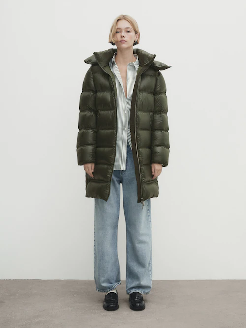 Long jacket with filling Black Dutti hood · Coats and Massimo Jackets feathers | · down contrast Green, And and