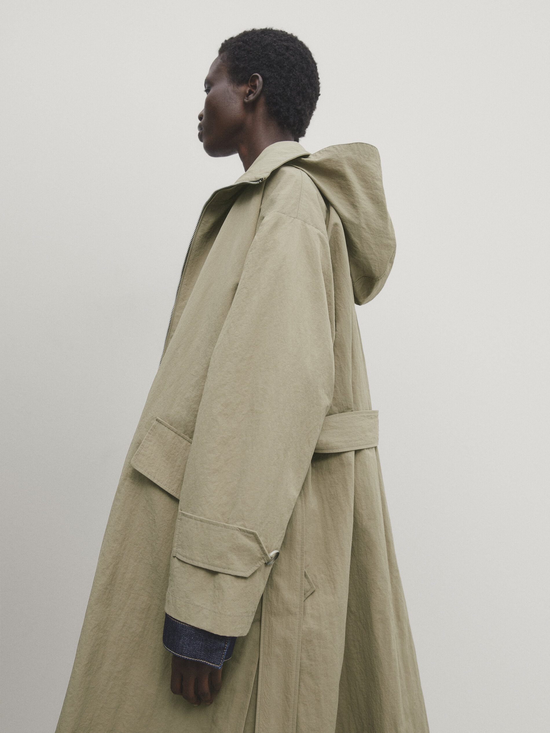 Long high neck parka with hood and belt