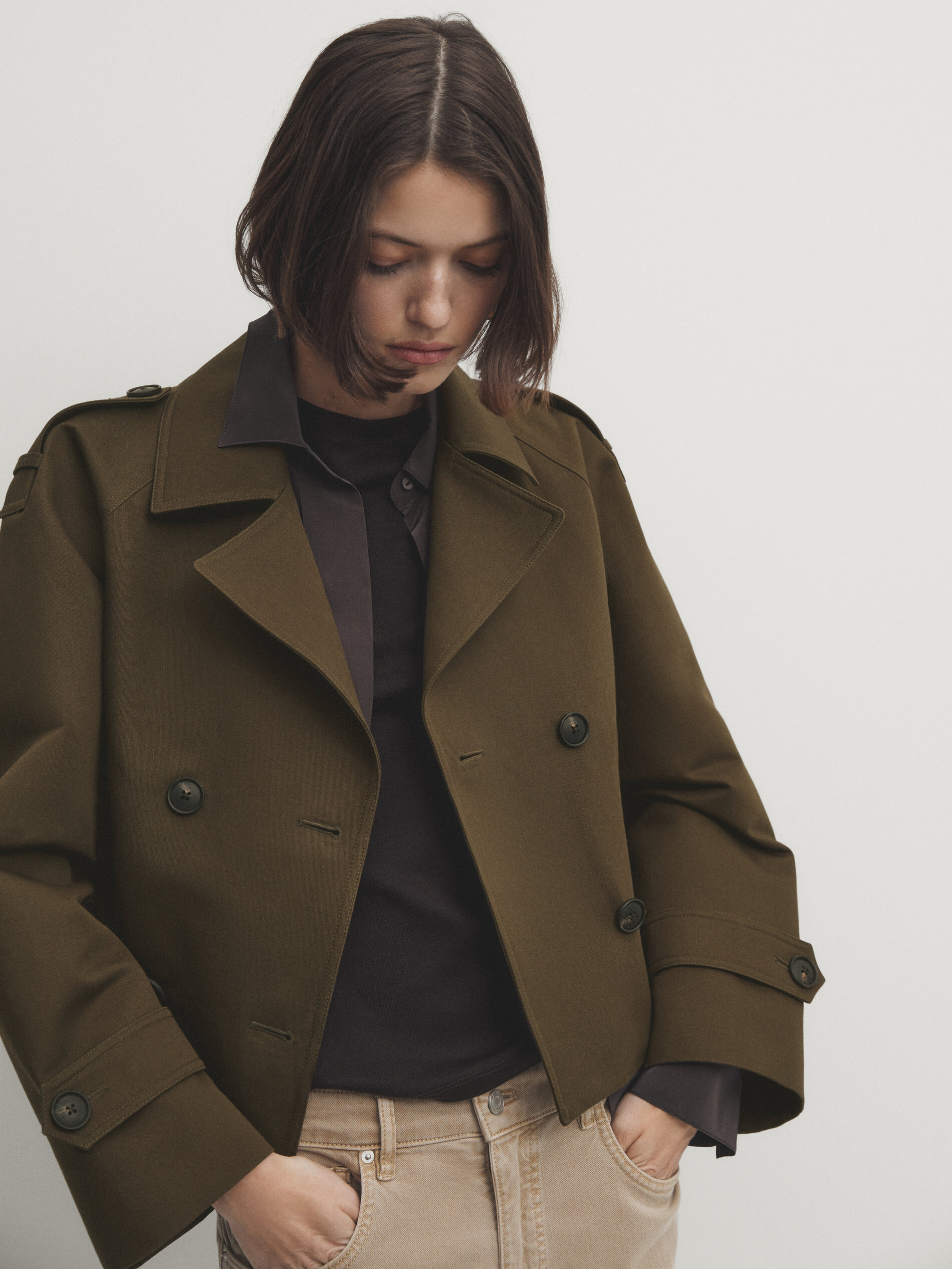 2 layer double breasted cropped trench coat Khaki Coats And