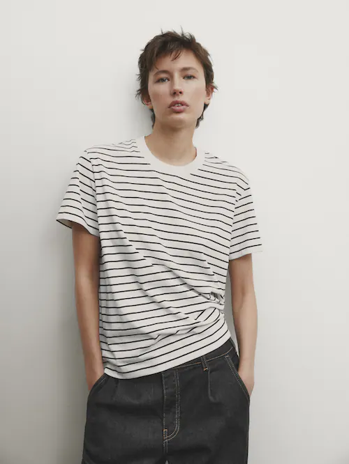 마시모두띠 Massimo Dutti Striped cotton T-shirt with contrast neckline