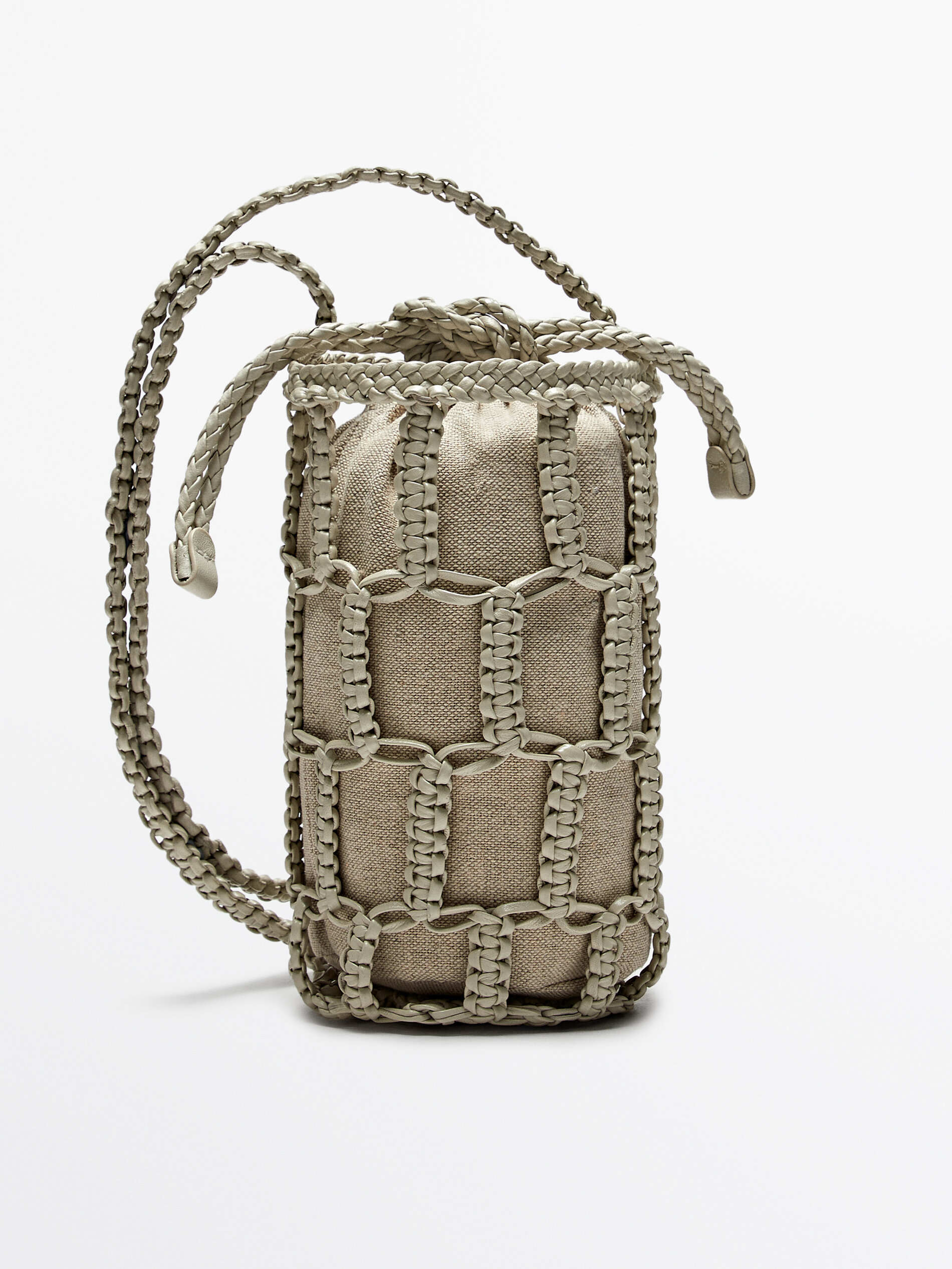 Nappa leather woven mini bucket bag White Black Mint