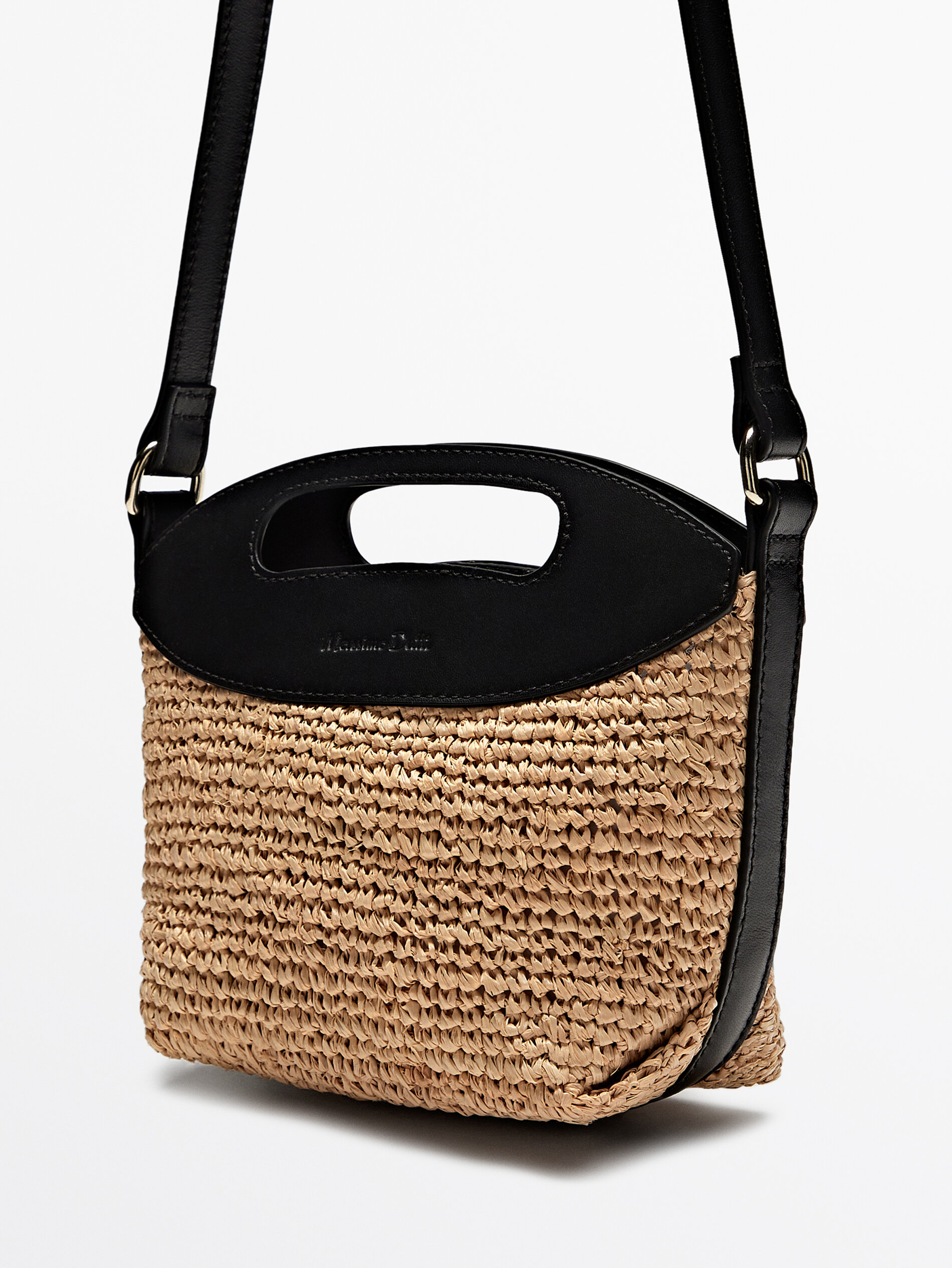 Raffia mini crossbody bag with leather strap