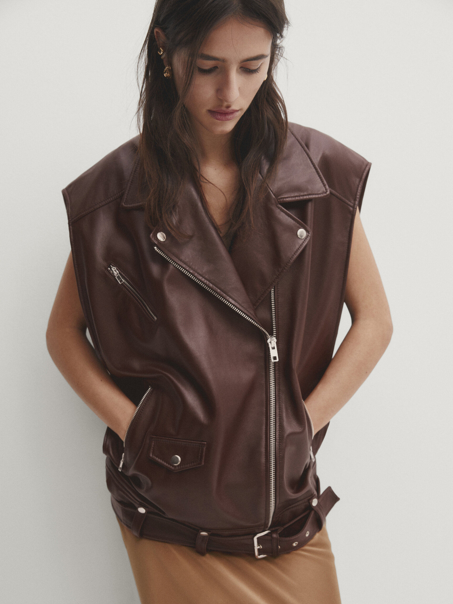 Nappa leather biker waistcoat Studio Brown Skirts Massimo