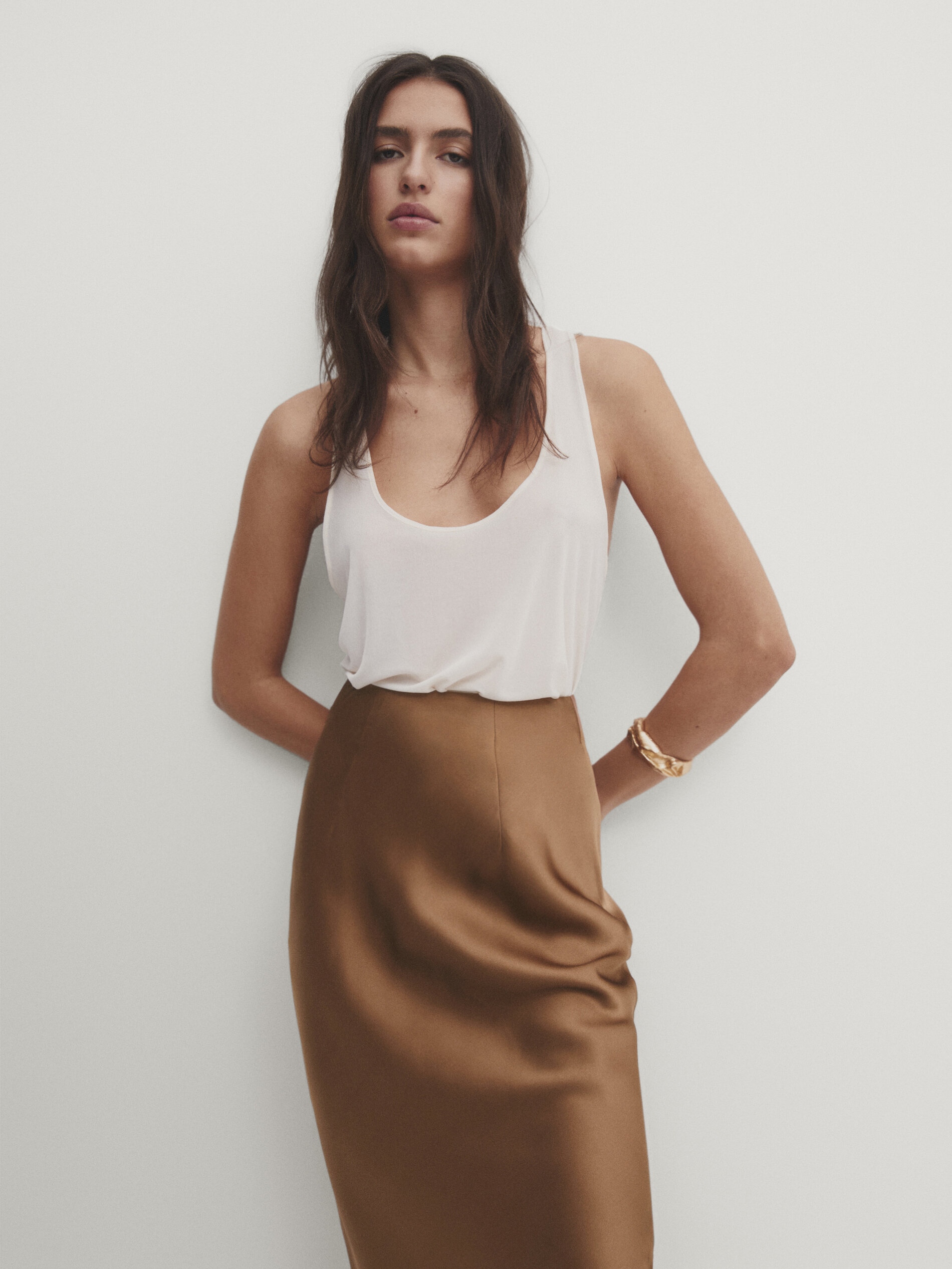 Long satin finish silk skirt Studio Brown Cream Black