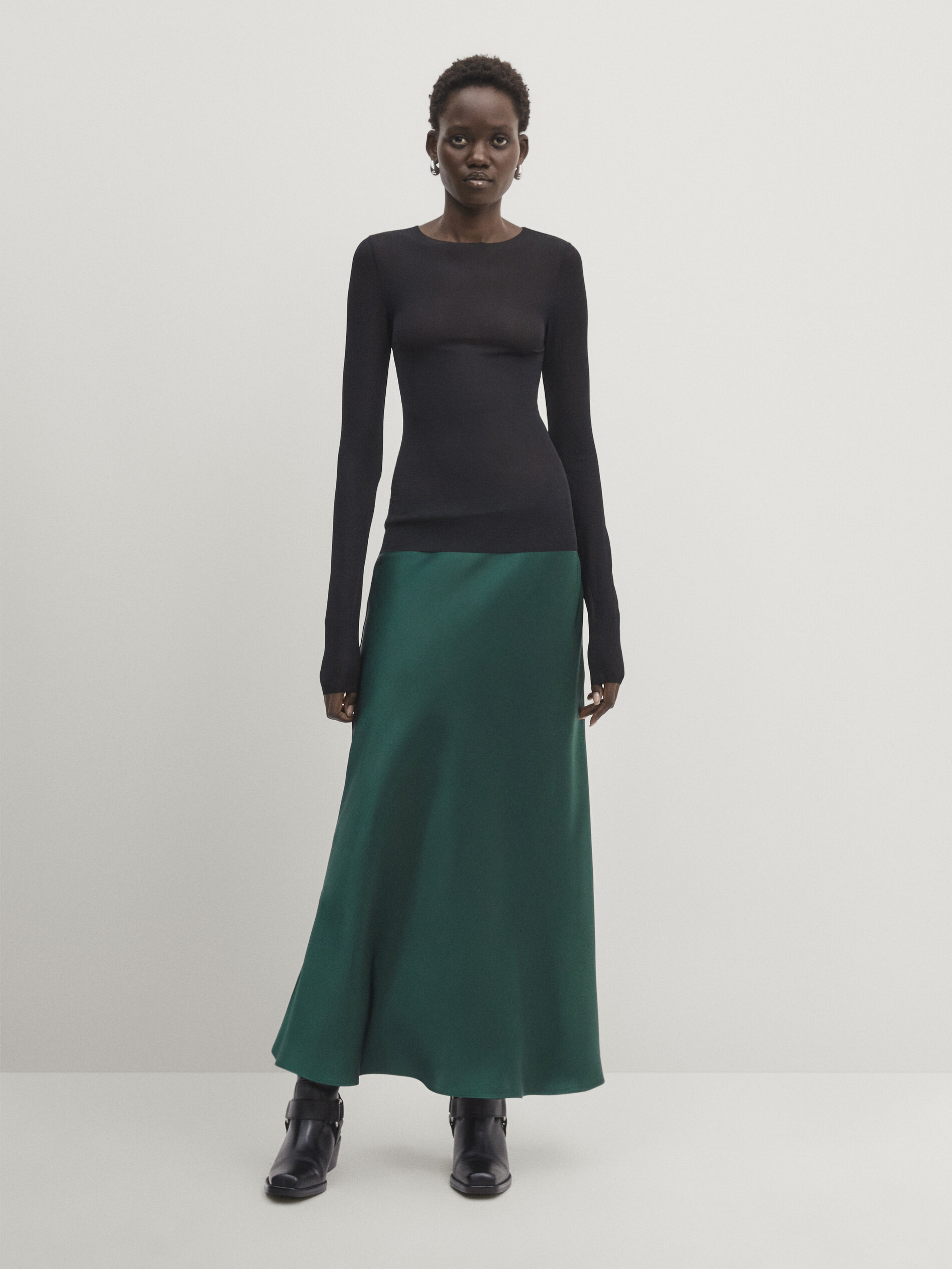Green satin maxi online skirt