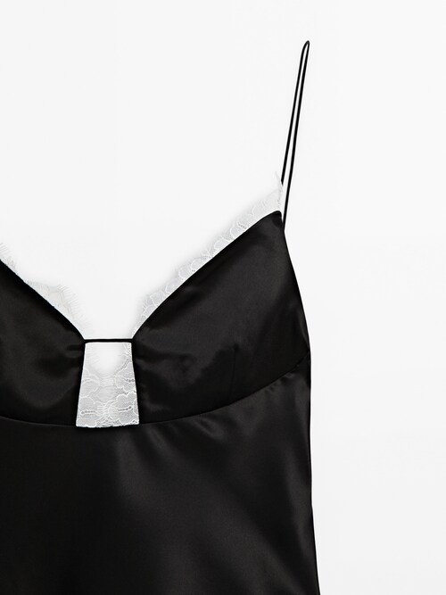 Luxury Silk Satin Camisole in Black with Frastaglio