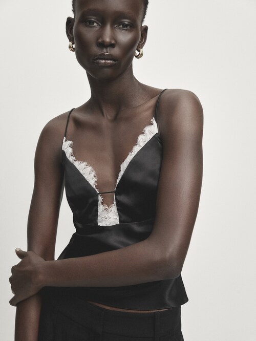 Satin camisole top with contrast lace - Studio · Black · Dressy
