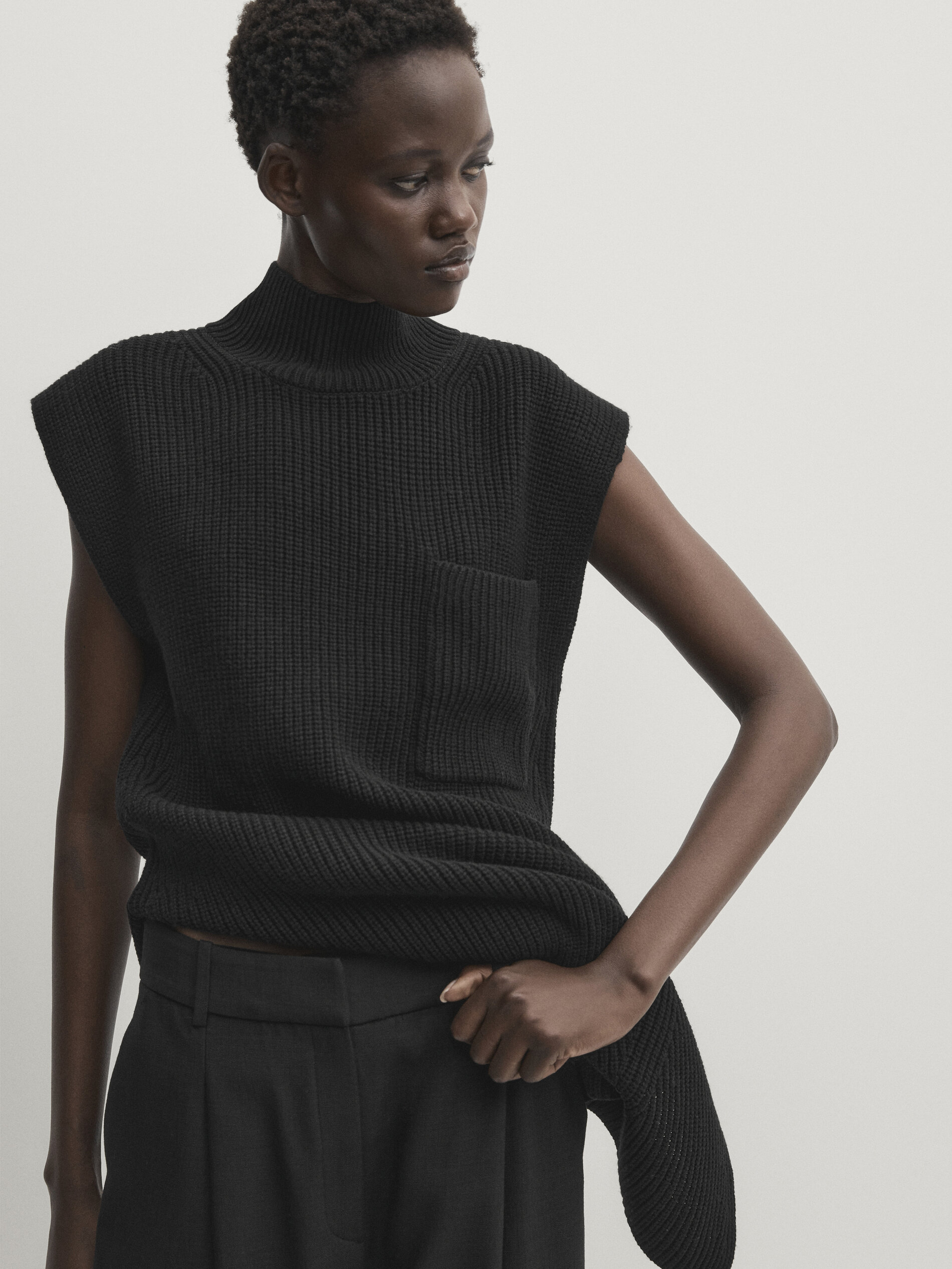 Long knit vest with chest pocket Studio Black Sweaters And
