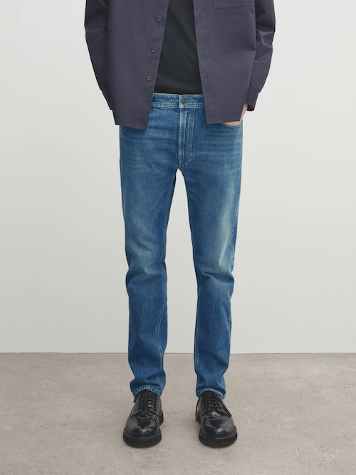Hombre Massimo Dutti Camisa Denim Stone Wash Slim Fit Azul Medio