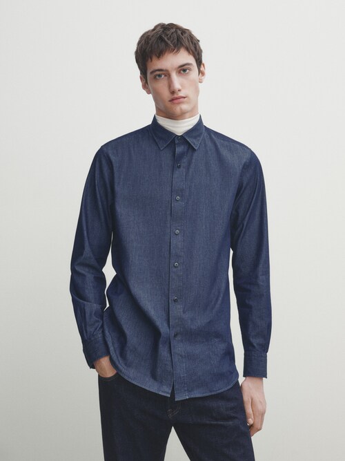 100% cotton denim slim fit shirt · Dark Blue · Shirts