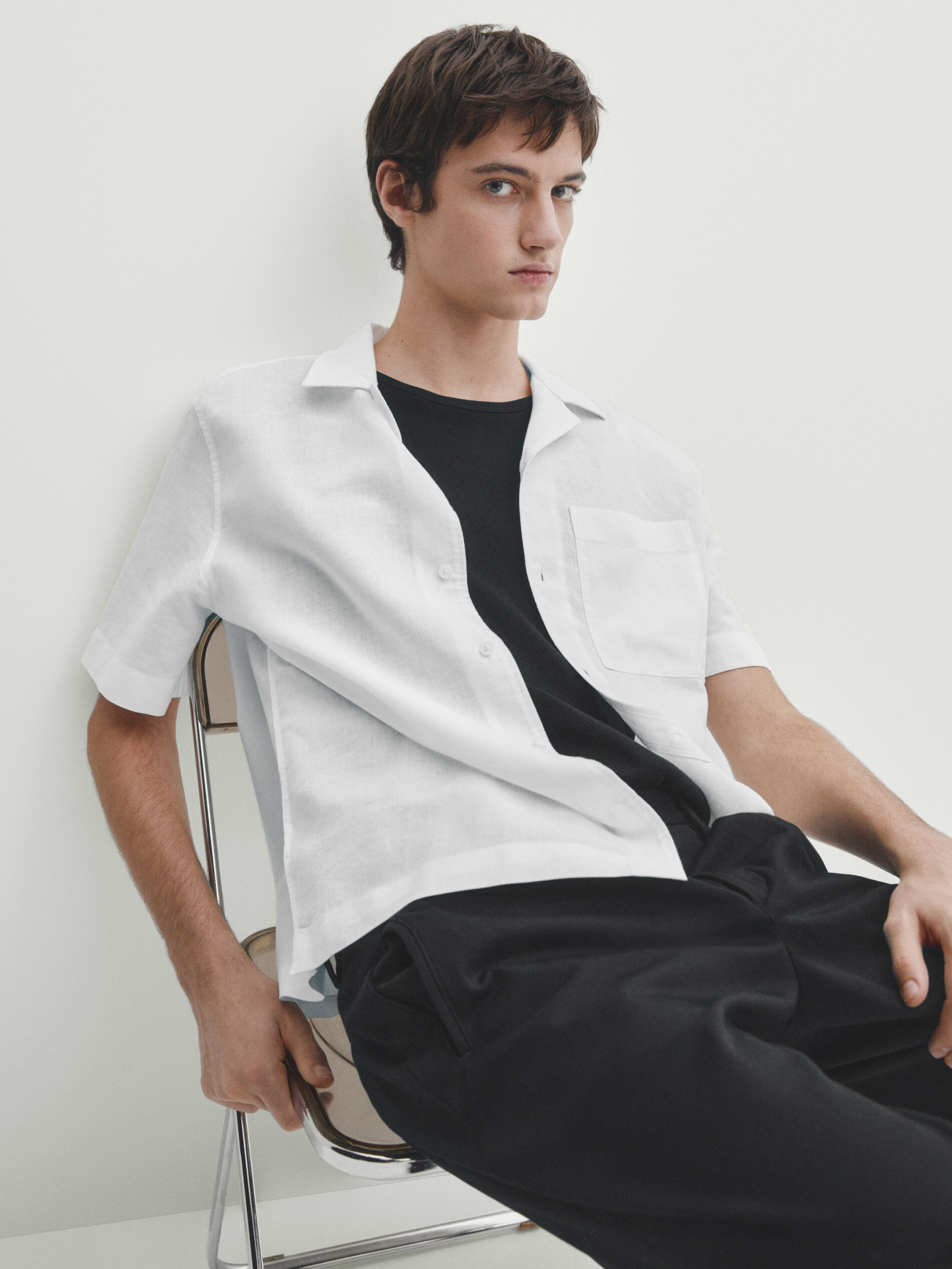 Camisa manga corta con lino y algod n bolsillo