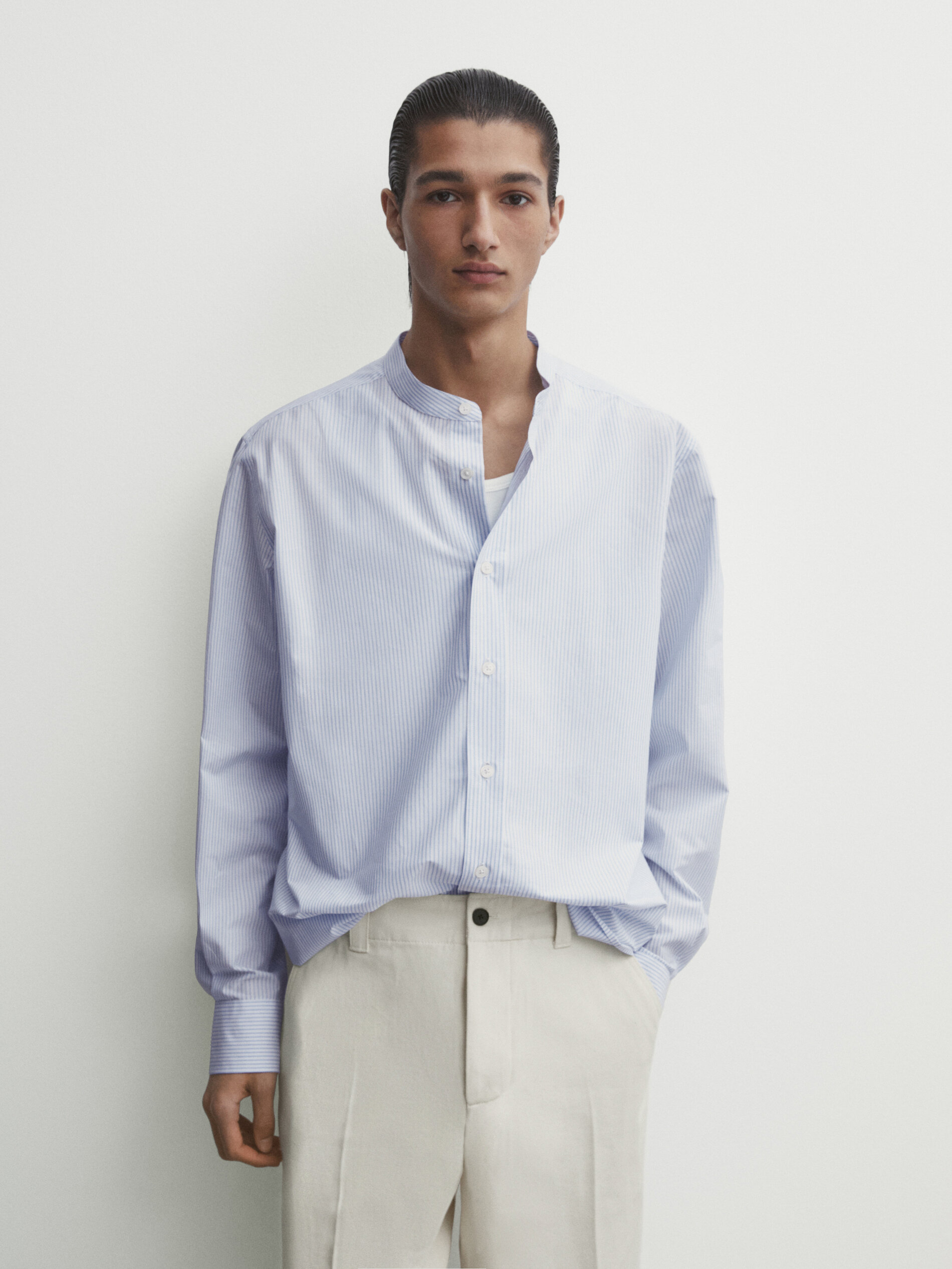 Camisa algod n rayas cuello mao Celeste Camisas Massimo Dutti