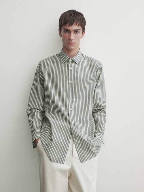 마시모두띠 Massimo Dutti Seersucker regular fit cotton striped shirt