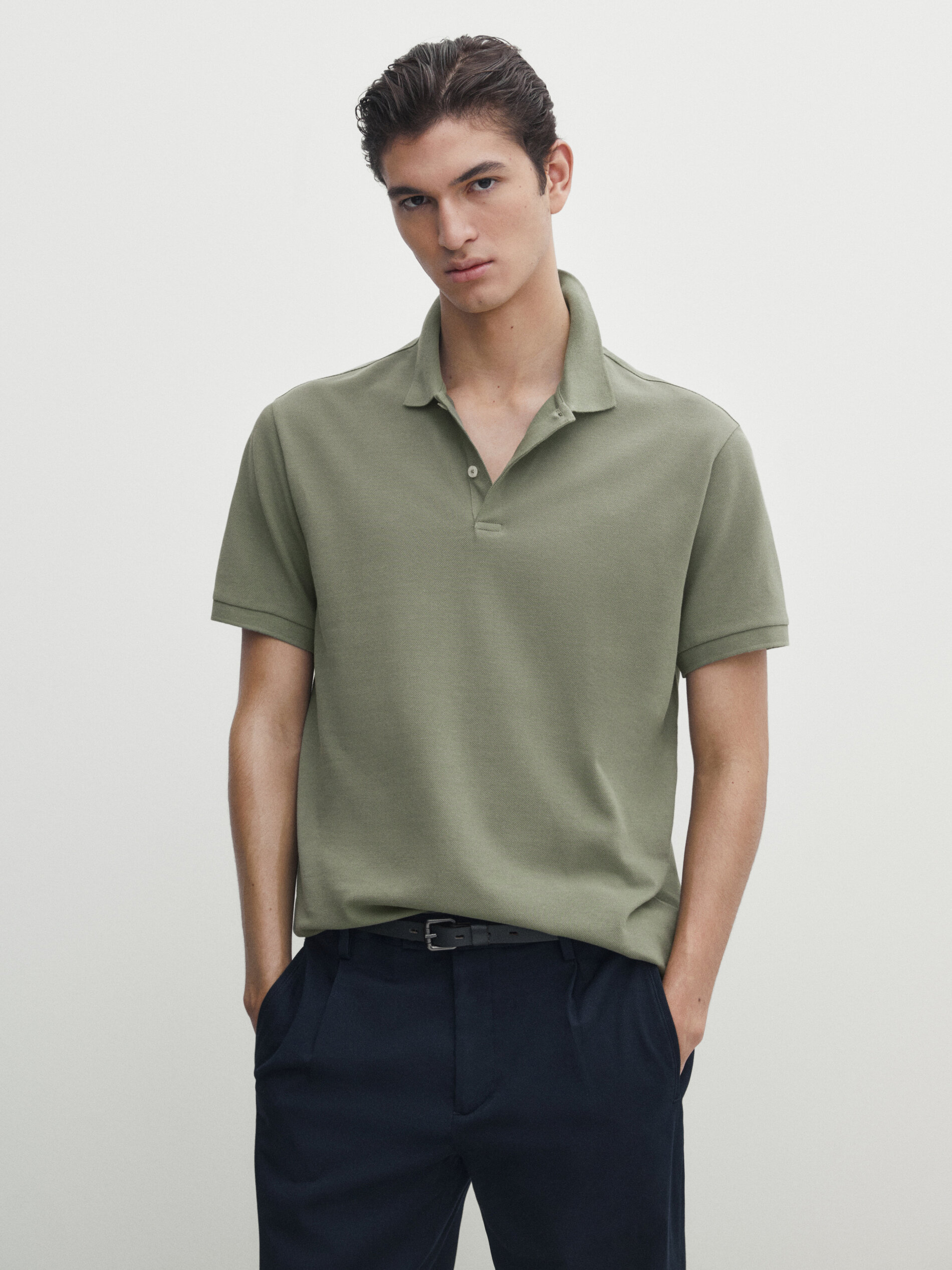 Piqu 100 cotton polo shirt Faded Khaki Navy Blue Indigo