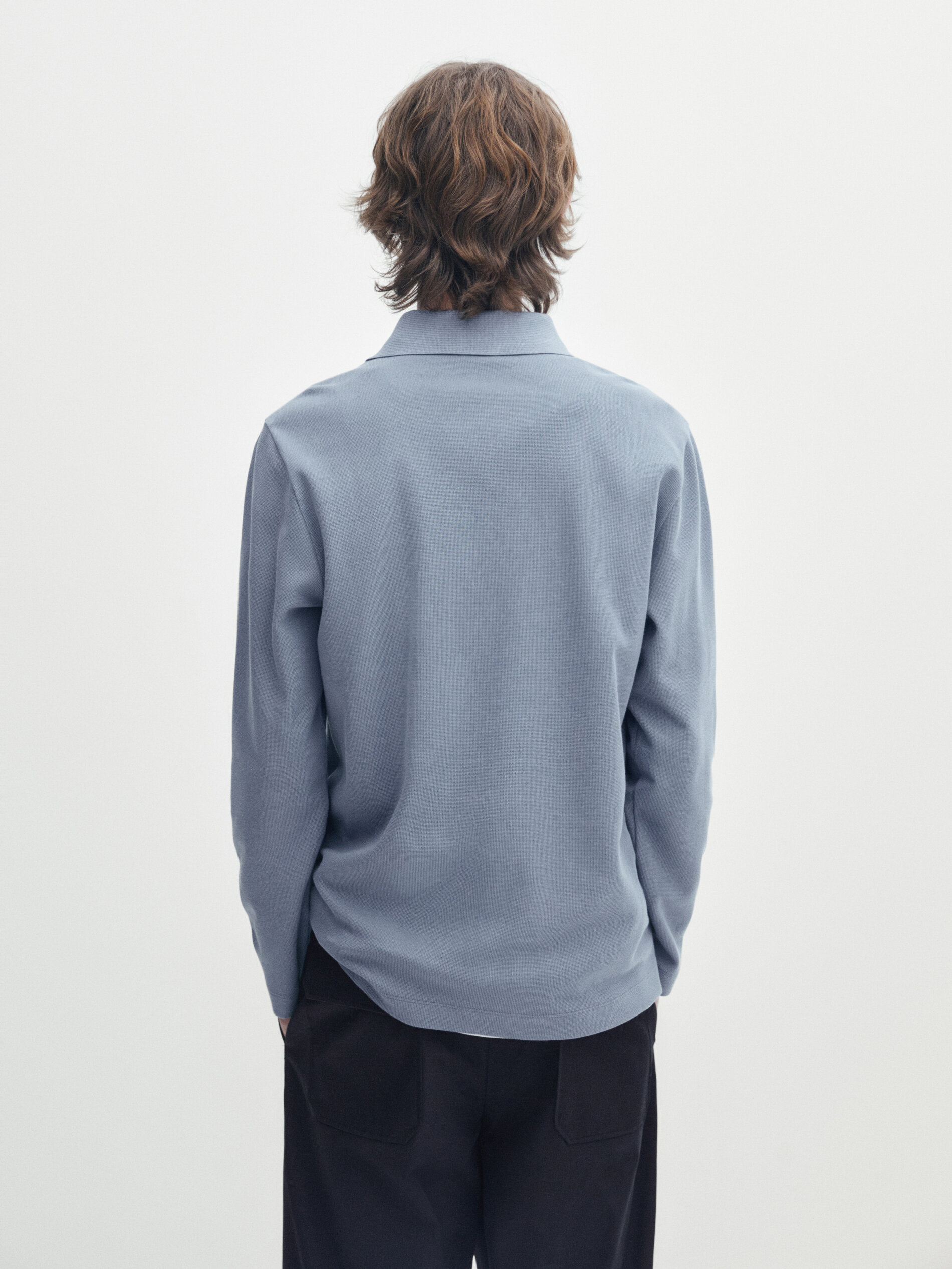 Long sleeve microtextured cotton polo shirt Pastel Blue Polo