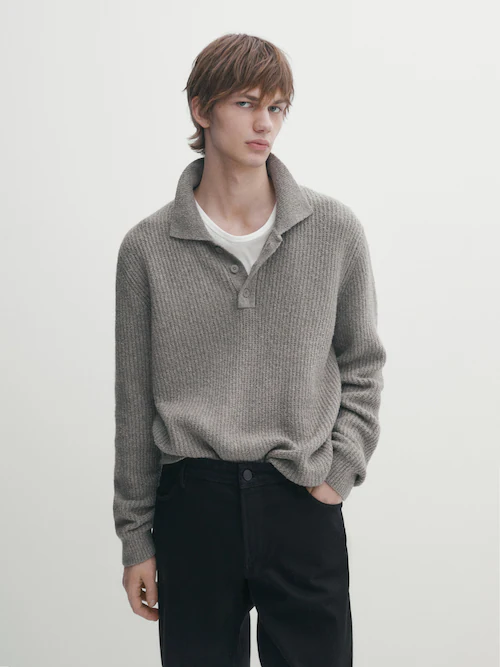 마시모두띠 Massimo Dutti Chunky knit cotton blend polo sweater