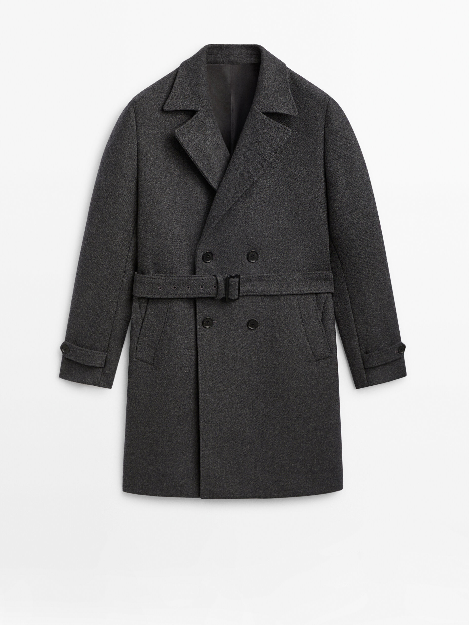 Wool blend double-breasted coat with belt · Grey | Massimo Dutti