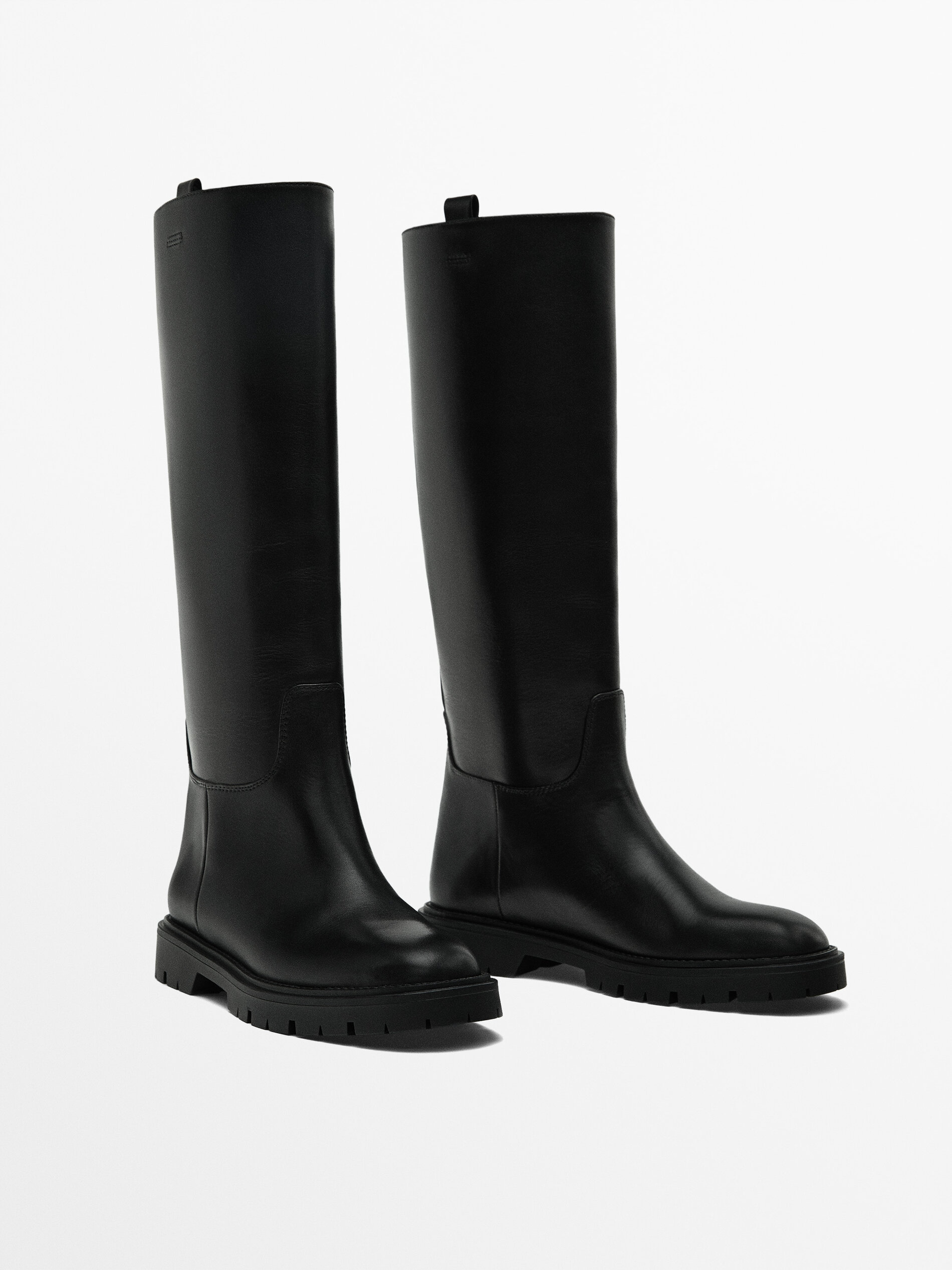 Flat black discount leather knee boots