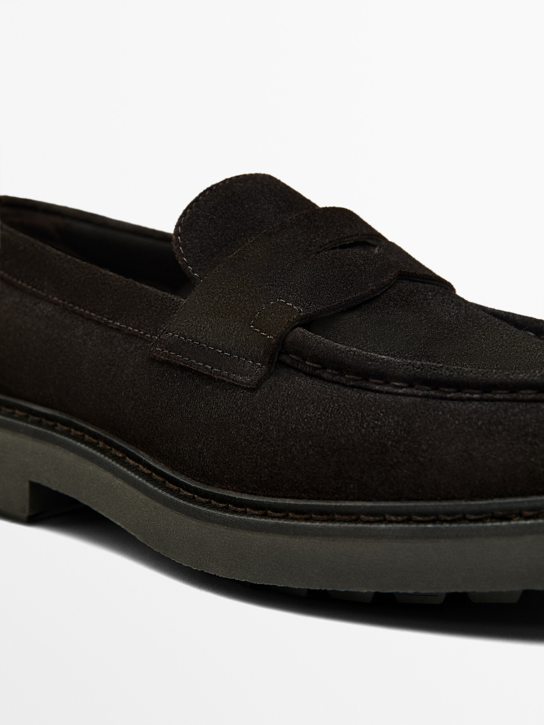 Dark brown moc toe split suede loafers
