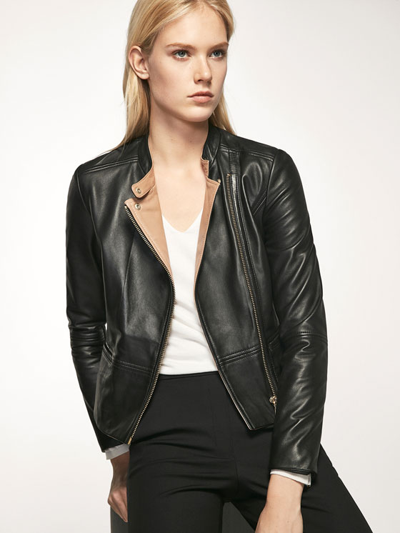 Women S Leather Collection Massimo Dutti Spring Summer 2017 Black Biker Style Jacket With Contrasting Interior Detail