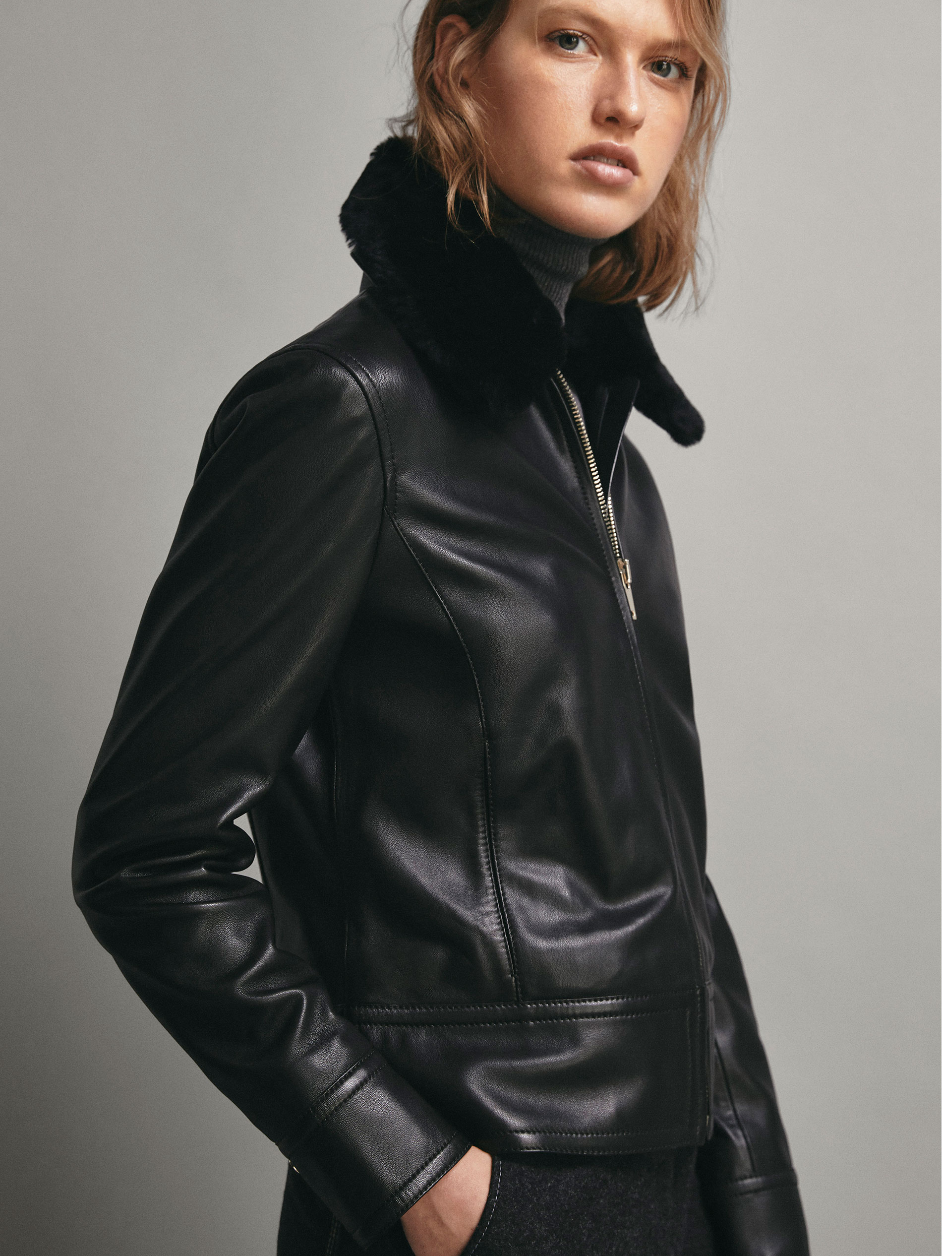 Black Nappa Jacket With Detachable Mouton Collar