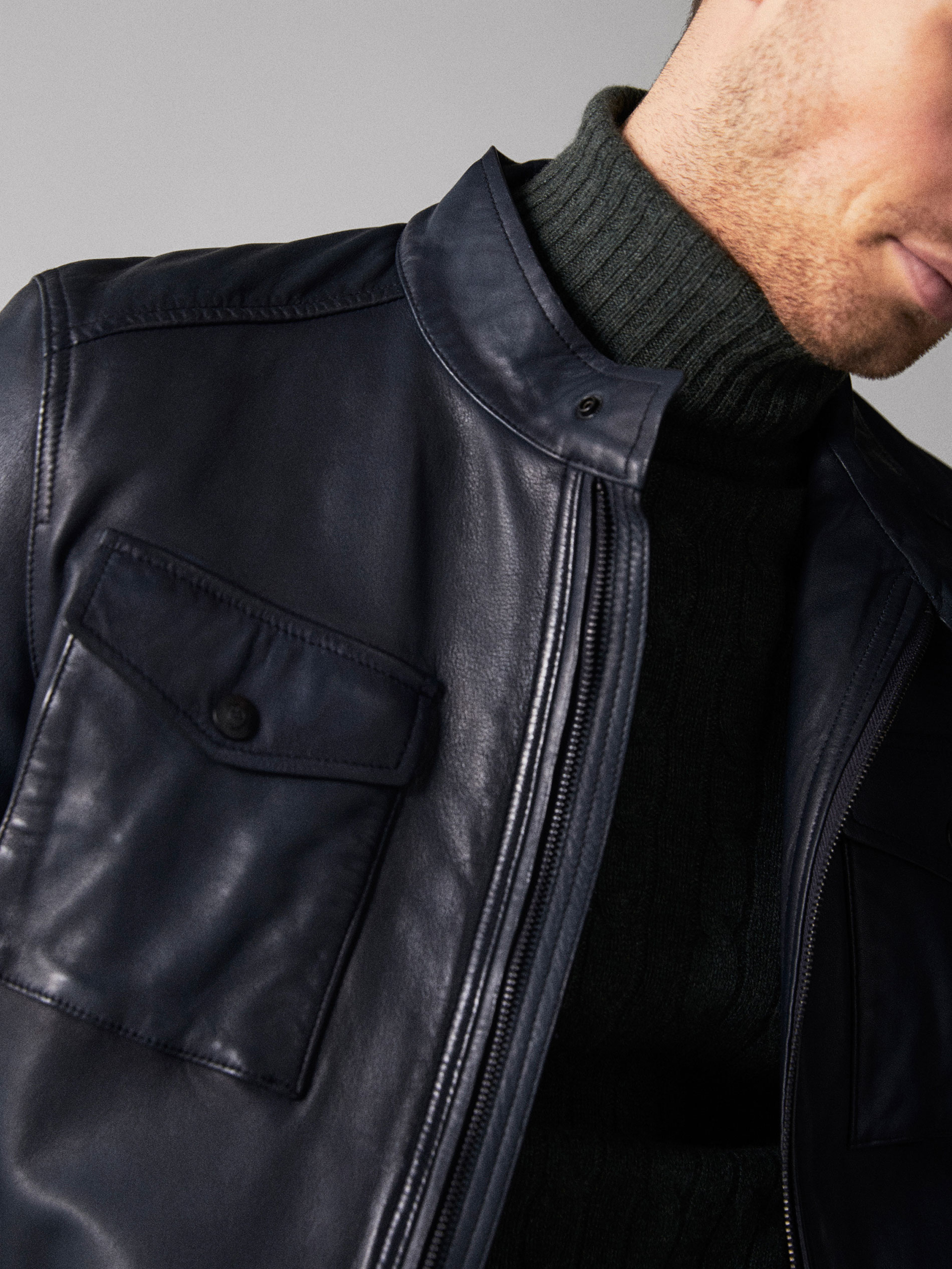 Navy Blue Nappa Jacket With Pockets